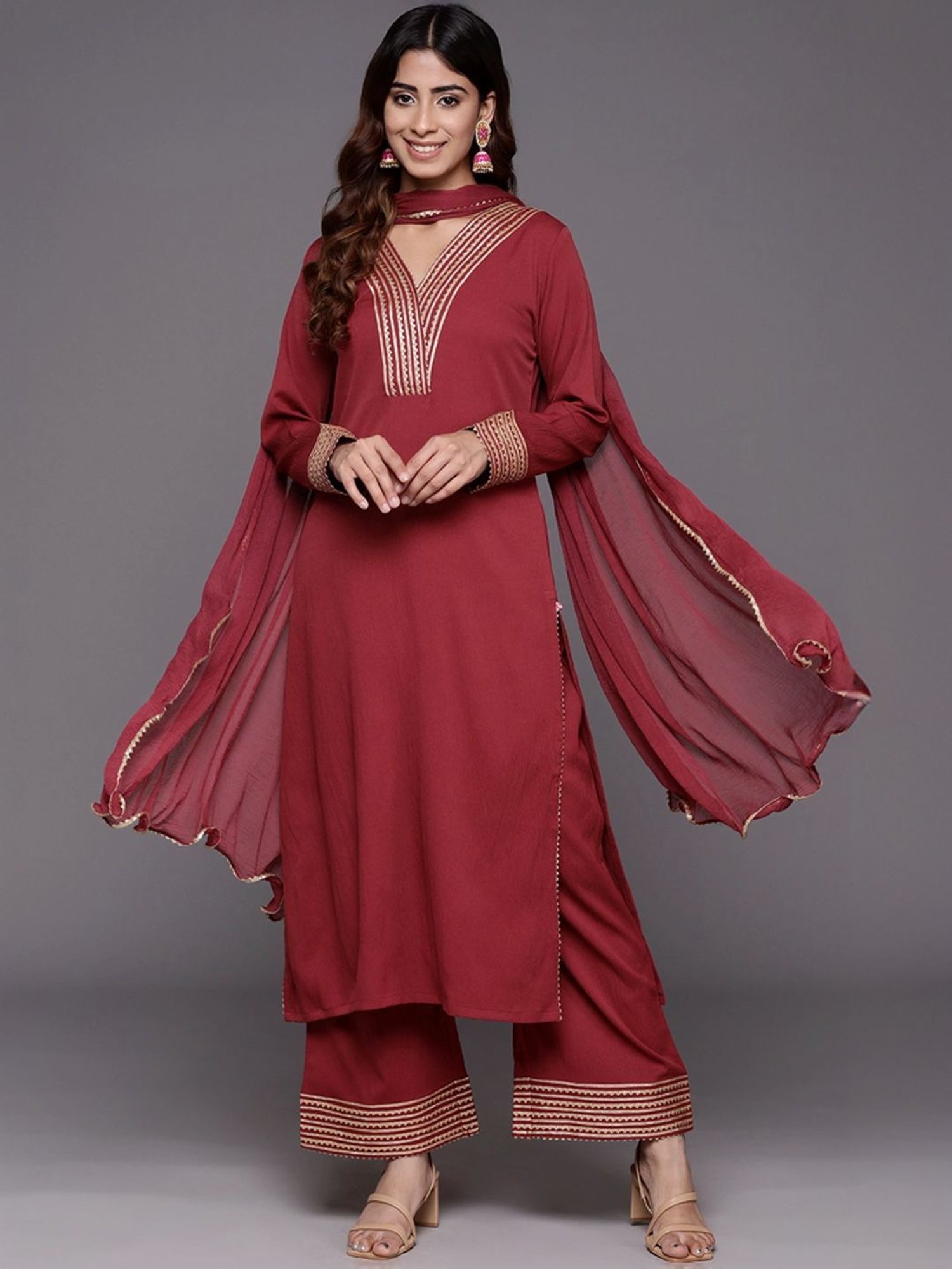 Varanga Maroon Embellished Kurta Palazzo Set With Dupatta