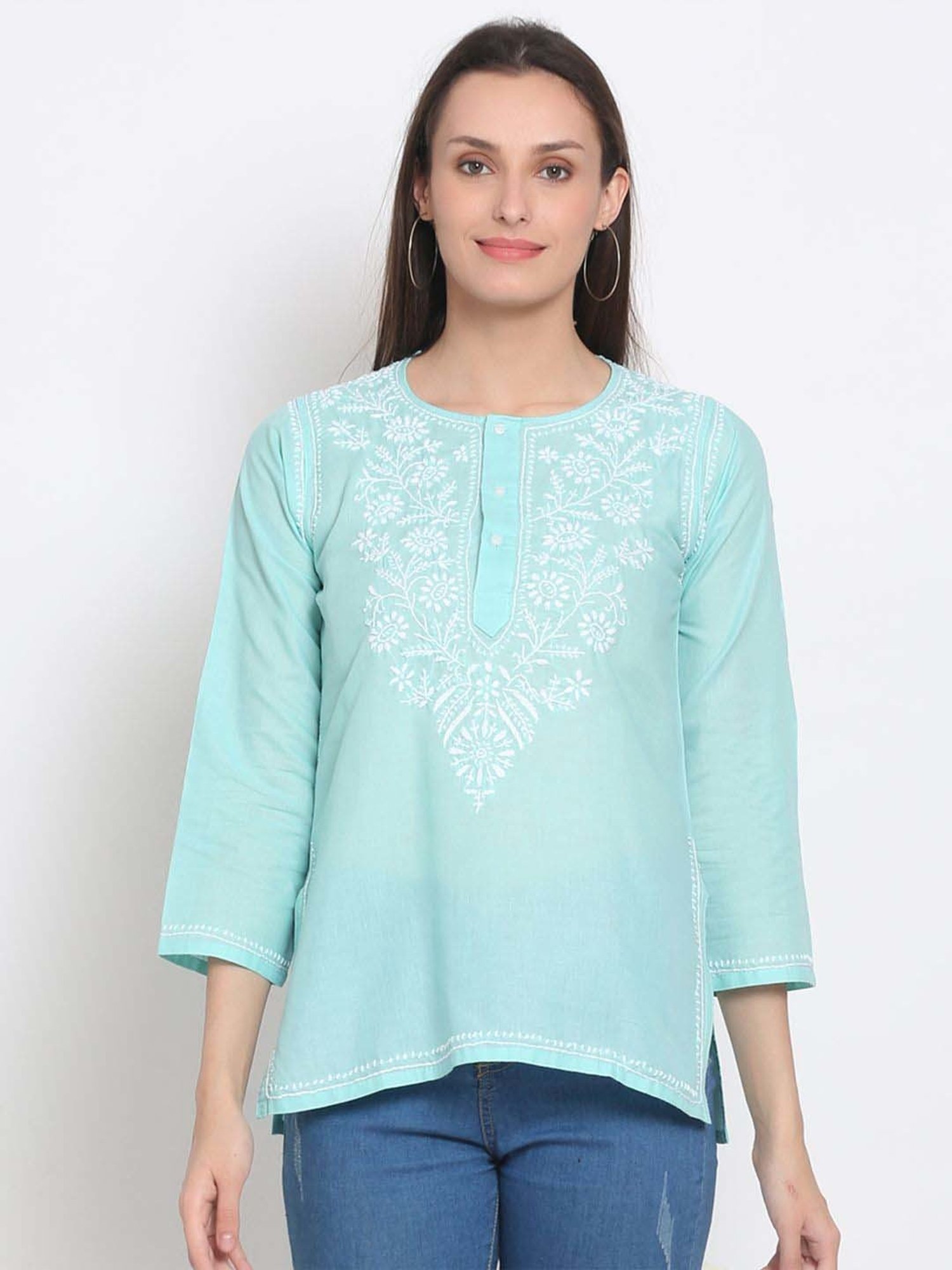 PARAMOUNT CHIKAN Mint Green Cotton Chikankari Straight Kurti