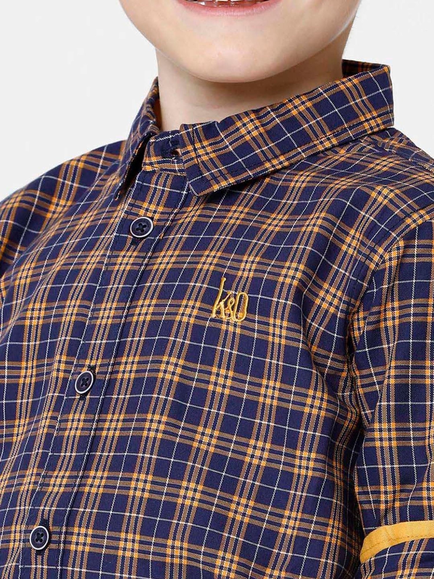 Kate & Oscar Kids Navy & Yellow Cotton Chequered Full Sleeves Shirt