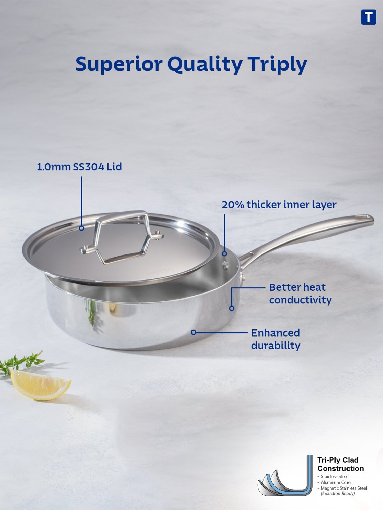 Tramontina Aeion Triply 24cm/2.8L Saute Pan with SS 304 Lid Stay Cool Handle NSF Certified