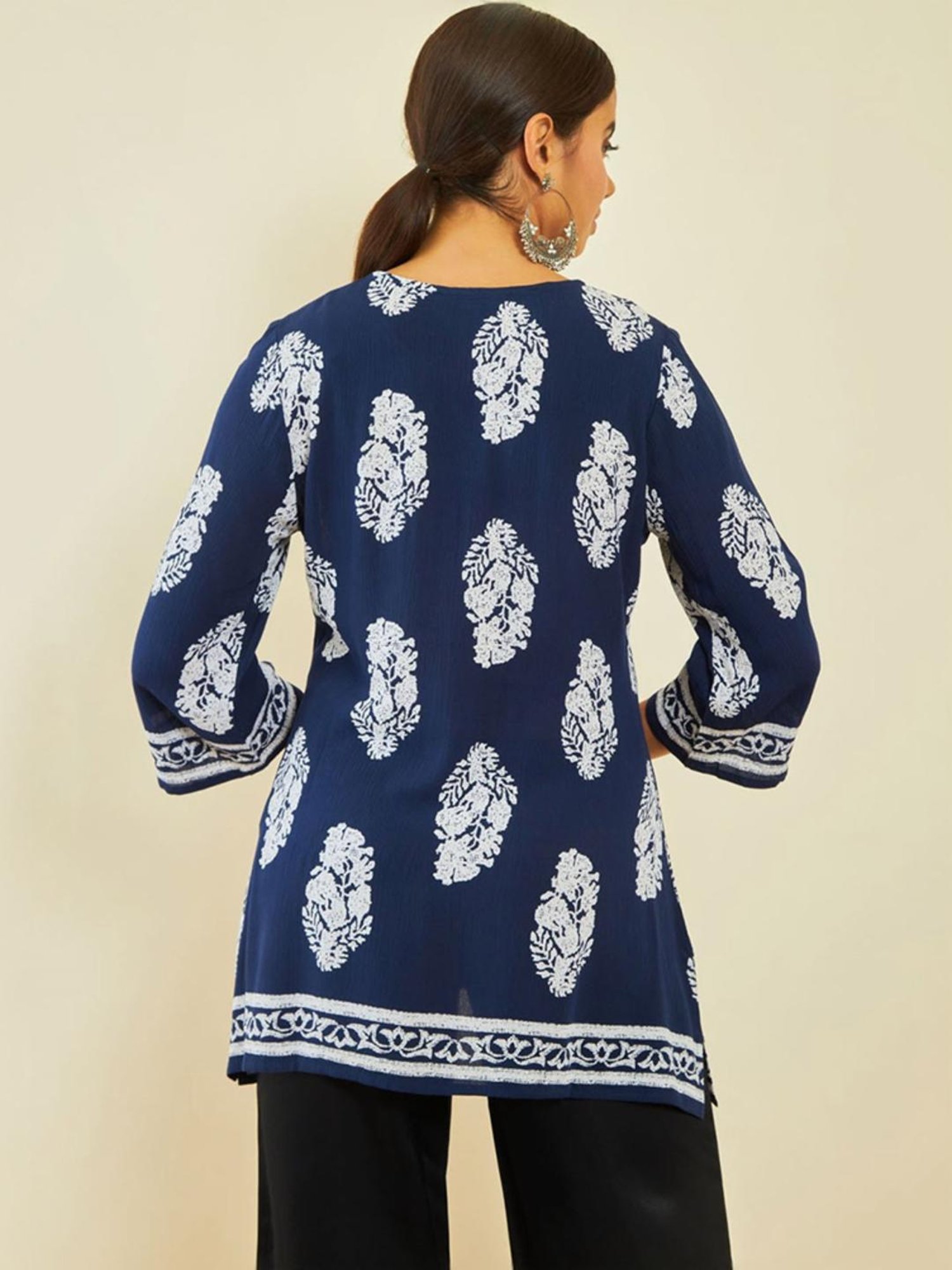 Soch Navy Blue Crepe Floral Print Round-Neck Tunic with Vented Hemline
