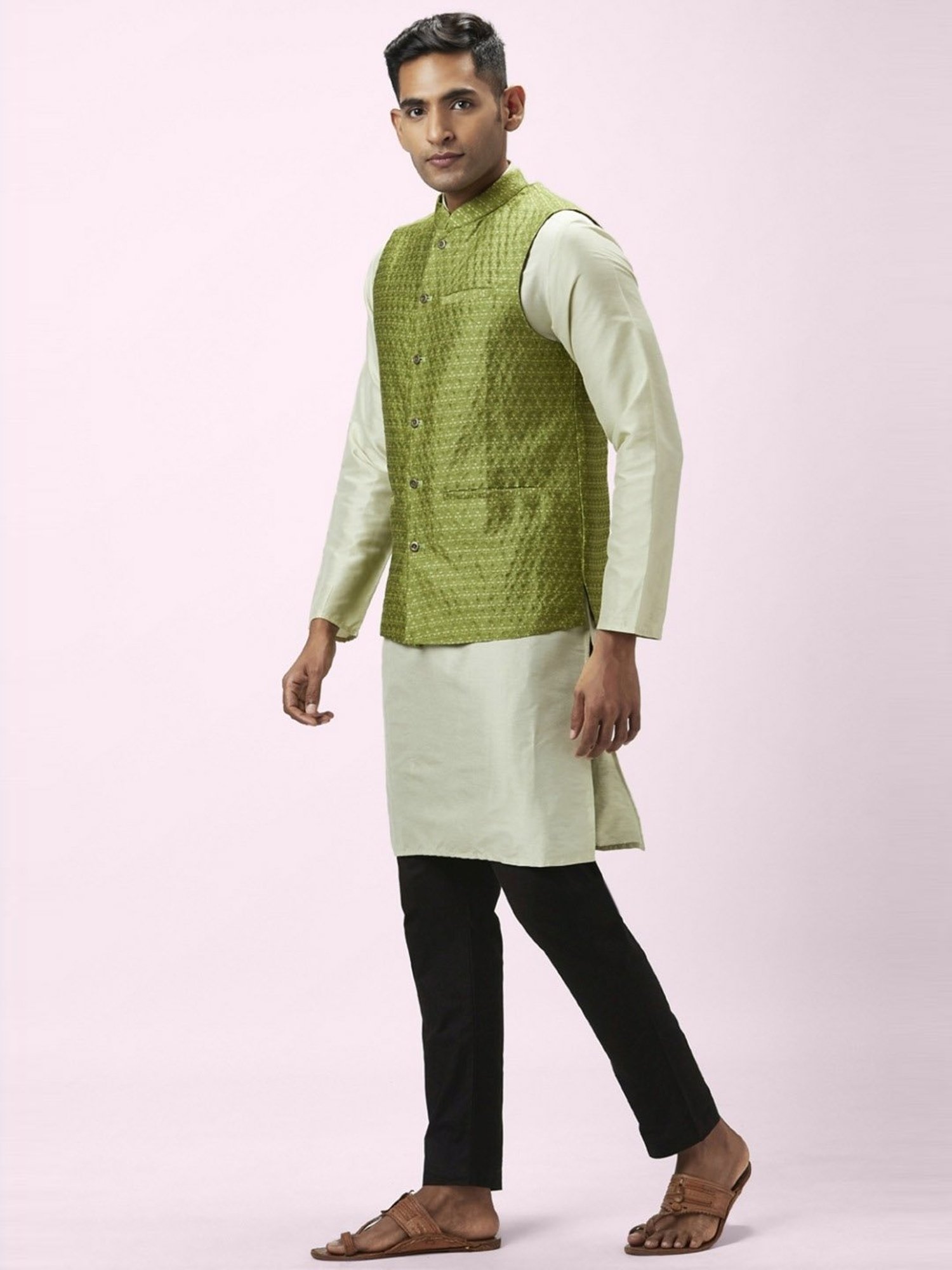 Indus Route By Pantaloons Lime Green Regular Fit Self Pattern Kurta Set With Bottom
