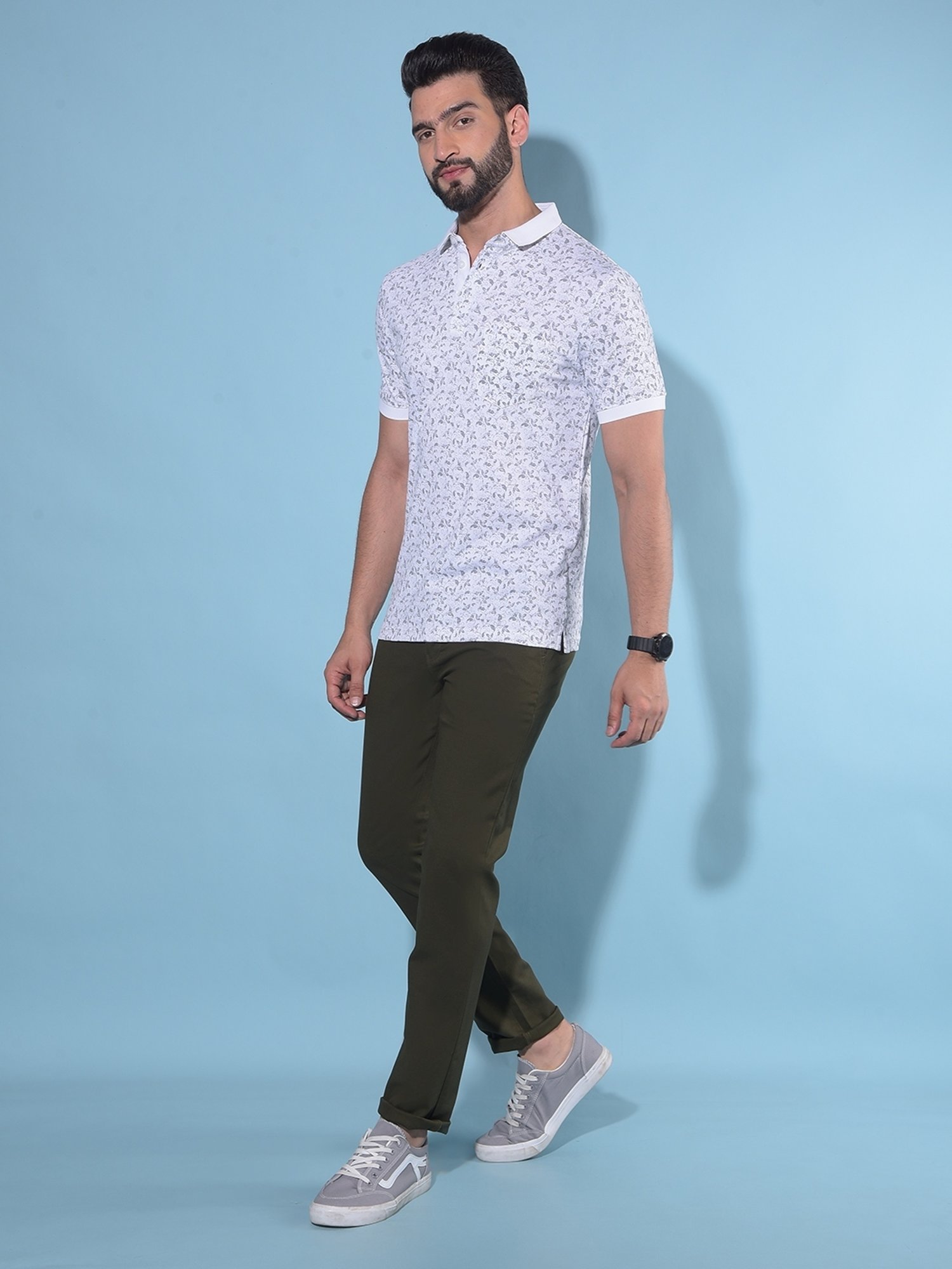 Crimsoune Club Blue Cotton Slim Fit Floral Print Polo T-Shirt