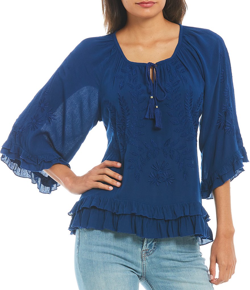 Tru Luxe Jeans Tonal 3/4 Ruffle Edge Sleeve Tie Neck Embroidery Peasant Top