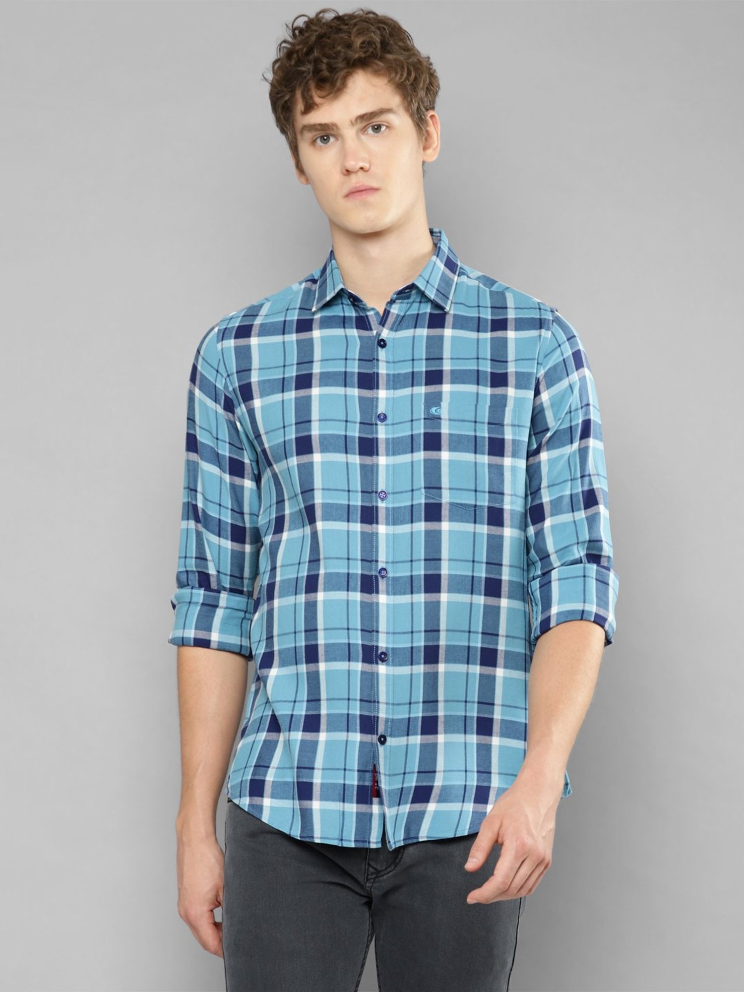 Allen cooper Blue Regular Fit Check Cotton Shirt