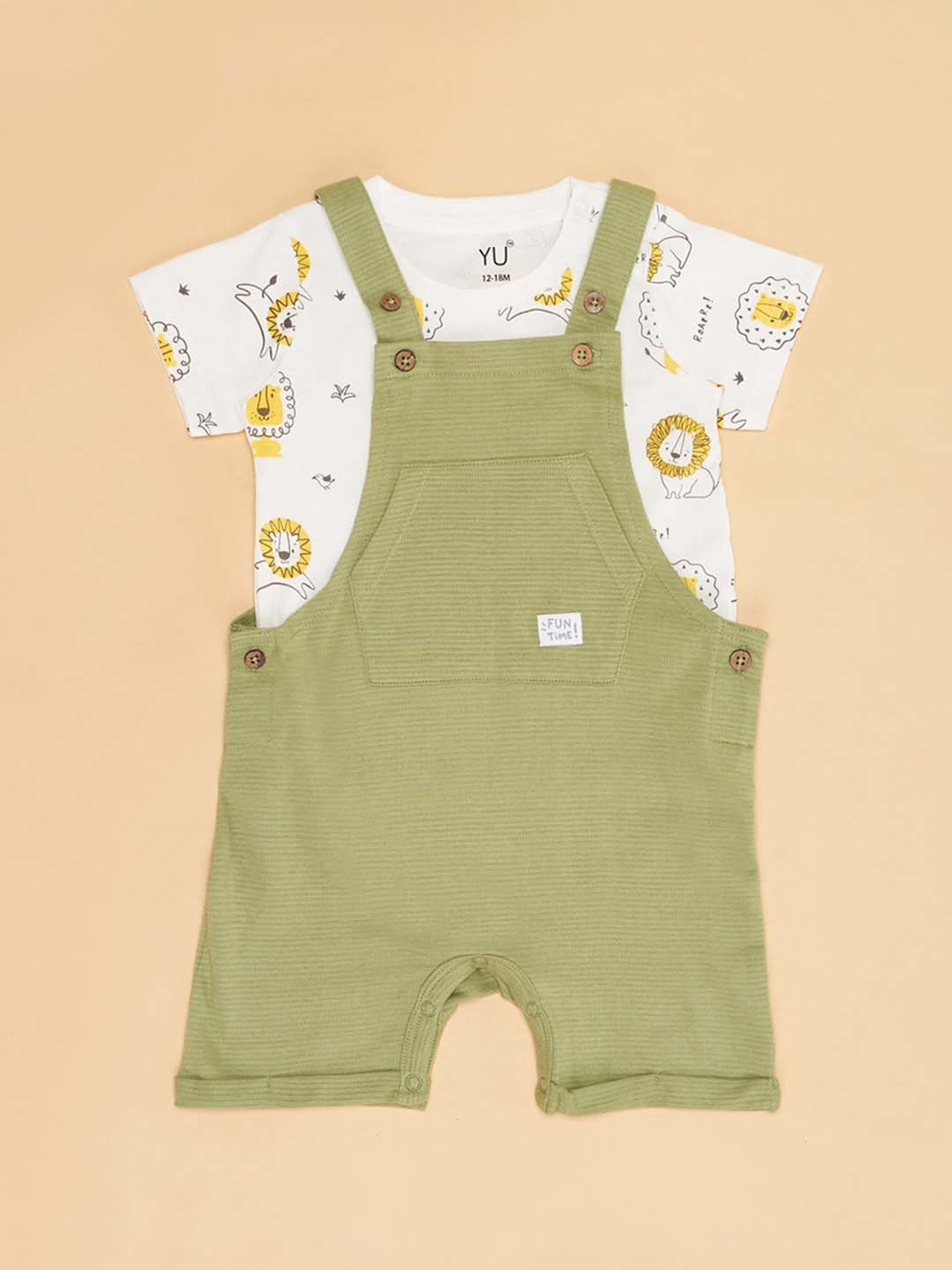 YU by Pantaloons Kids Olive & White Cotton Printed Dungaree Set