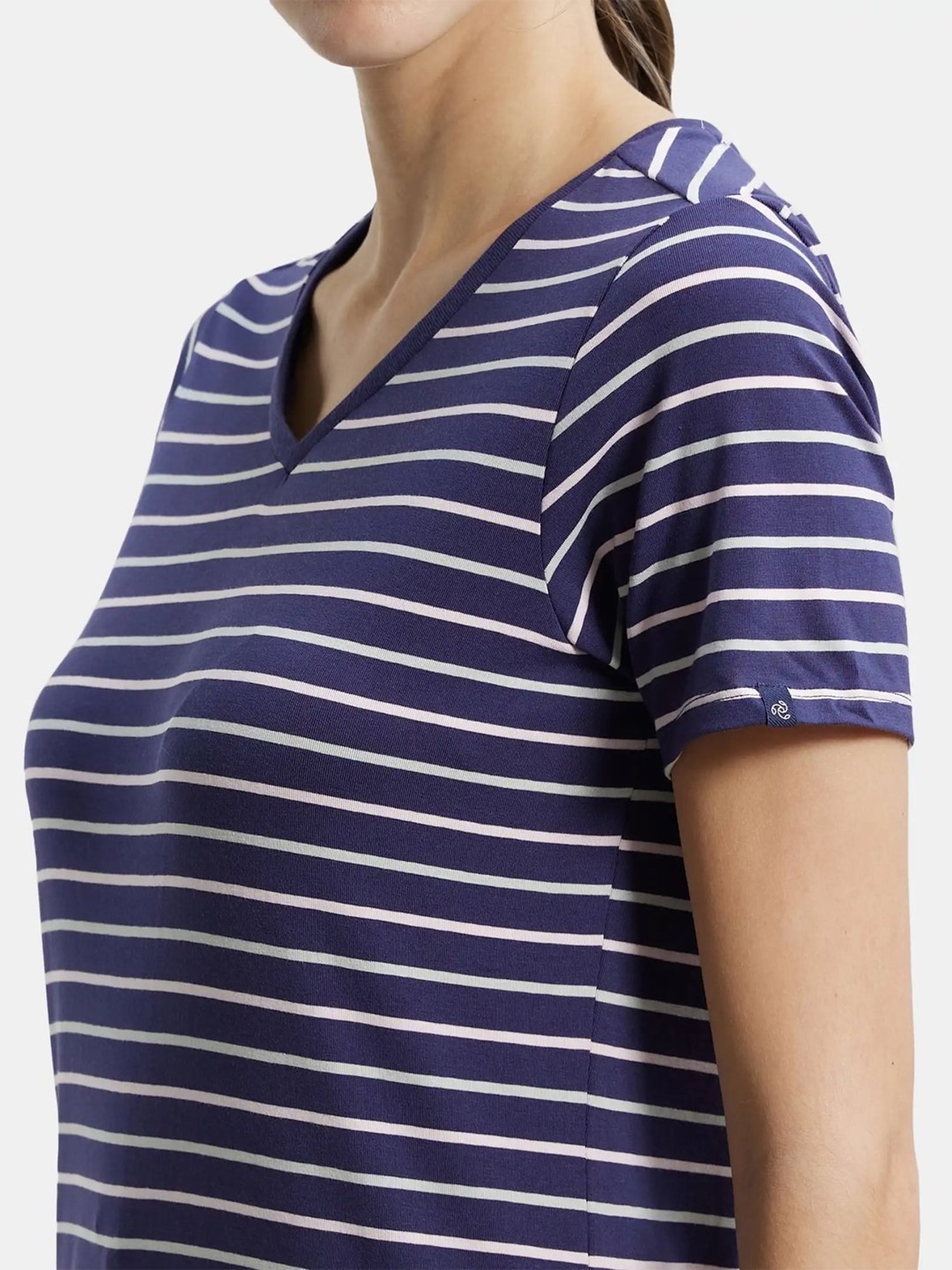 Jockey AW22 Women's Super Combed Cotton Elastane Regular Fit Striped V Neck Half Sleeve T-Shirt