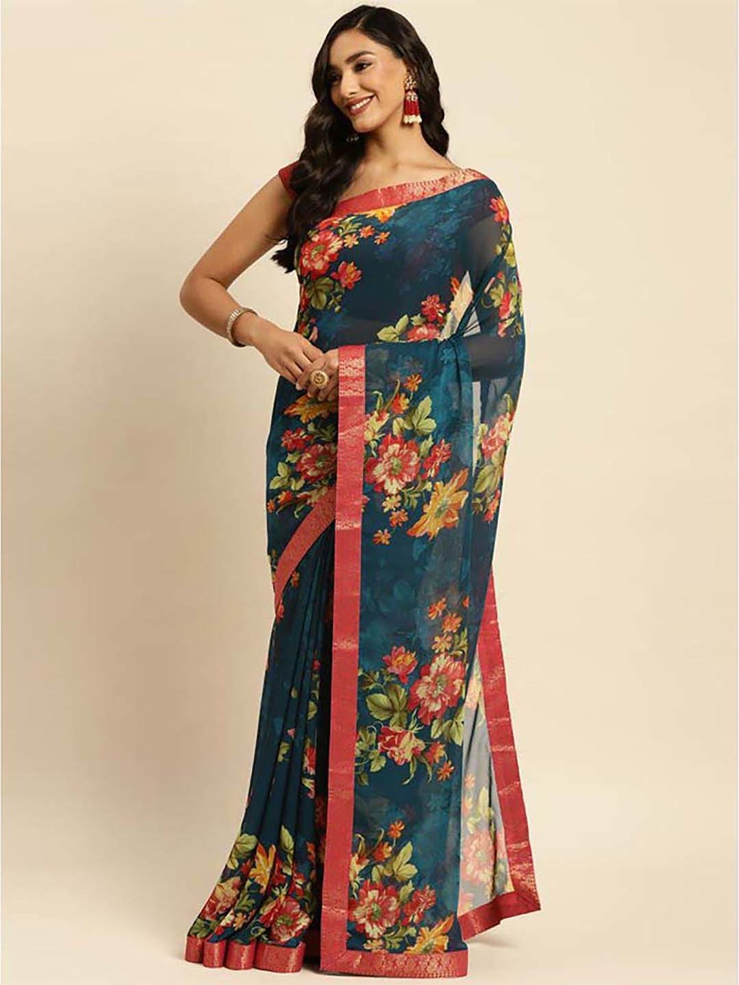 Rangita Teal Blue Floral Print Saree With Unstitched Blouse