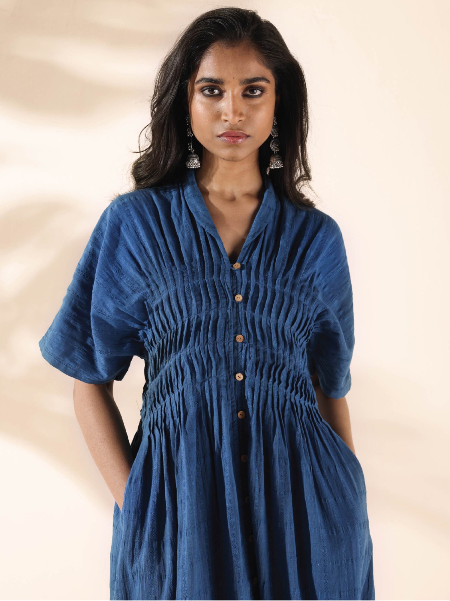 true Browns Blue Cotton Self Pattern A-Line Dress