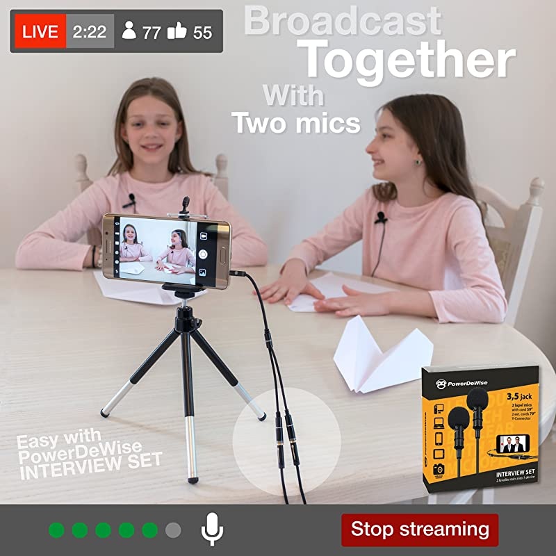 Grade 2 Lavalier Lapel Microphones Set for Dual Interview - Dual Lavalier Microphone - 2 Lavalier Microphone Set - Perfect as Blogging Vlogging Interview Microphone for iPhone 6, 7, 8, X