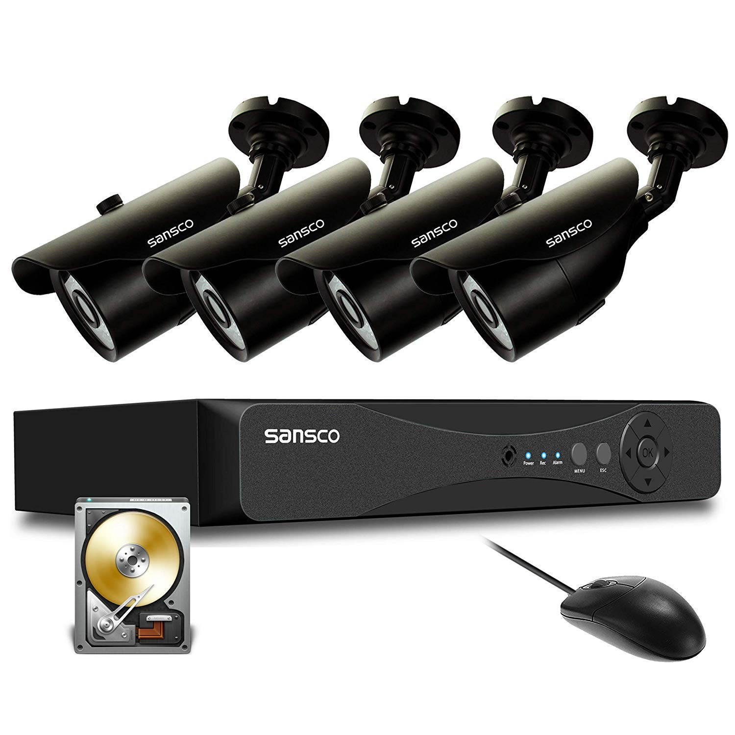 SANSCO Security Camera System with 1080P 4-Channel DVR, 4 Bullet Cameras (All HD 1080p 2MP), and 1TB Internal Hard Drive Disk - All-in-One Surveillance Cameras Kit