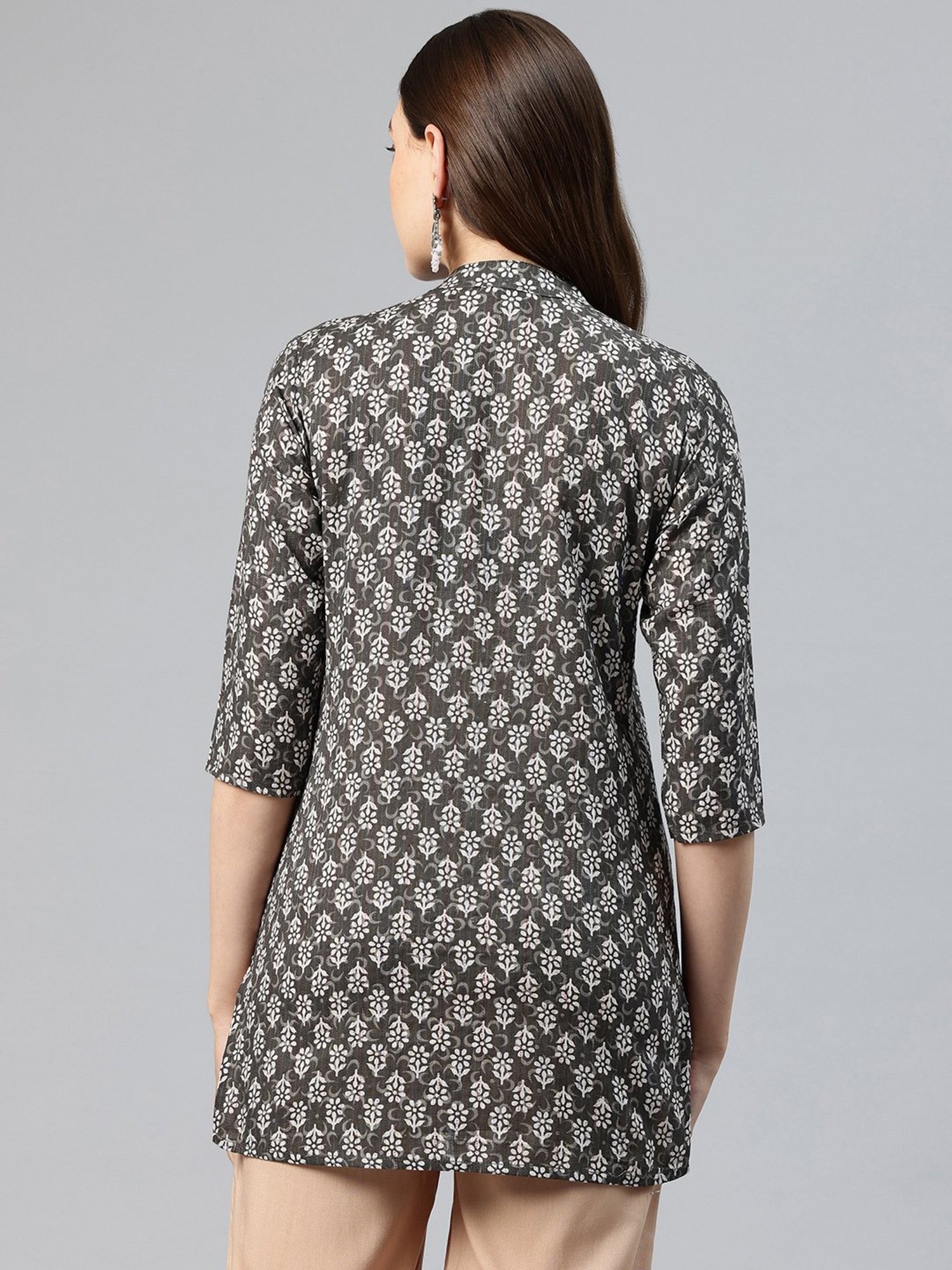 One Femme Black Cotton Printed A Line Kurti