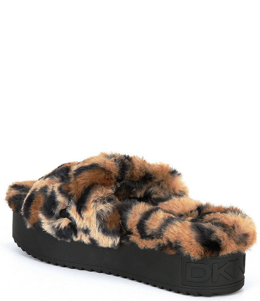 DKNY Palz Leopard Print Faux Fur Signature Logo Platform Slides