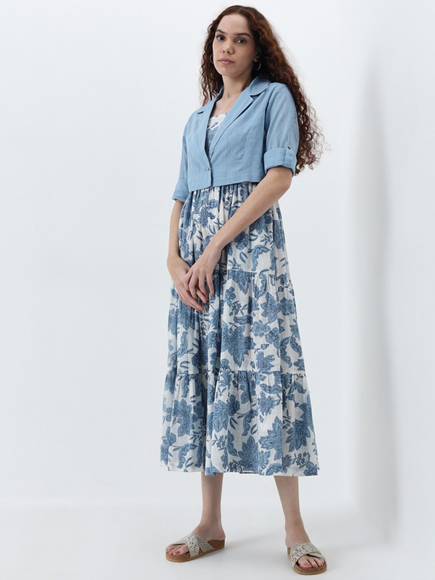 Bombay Paisley by Westside Dusty Blue Tiered Cotton Dress with Jacket