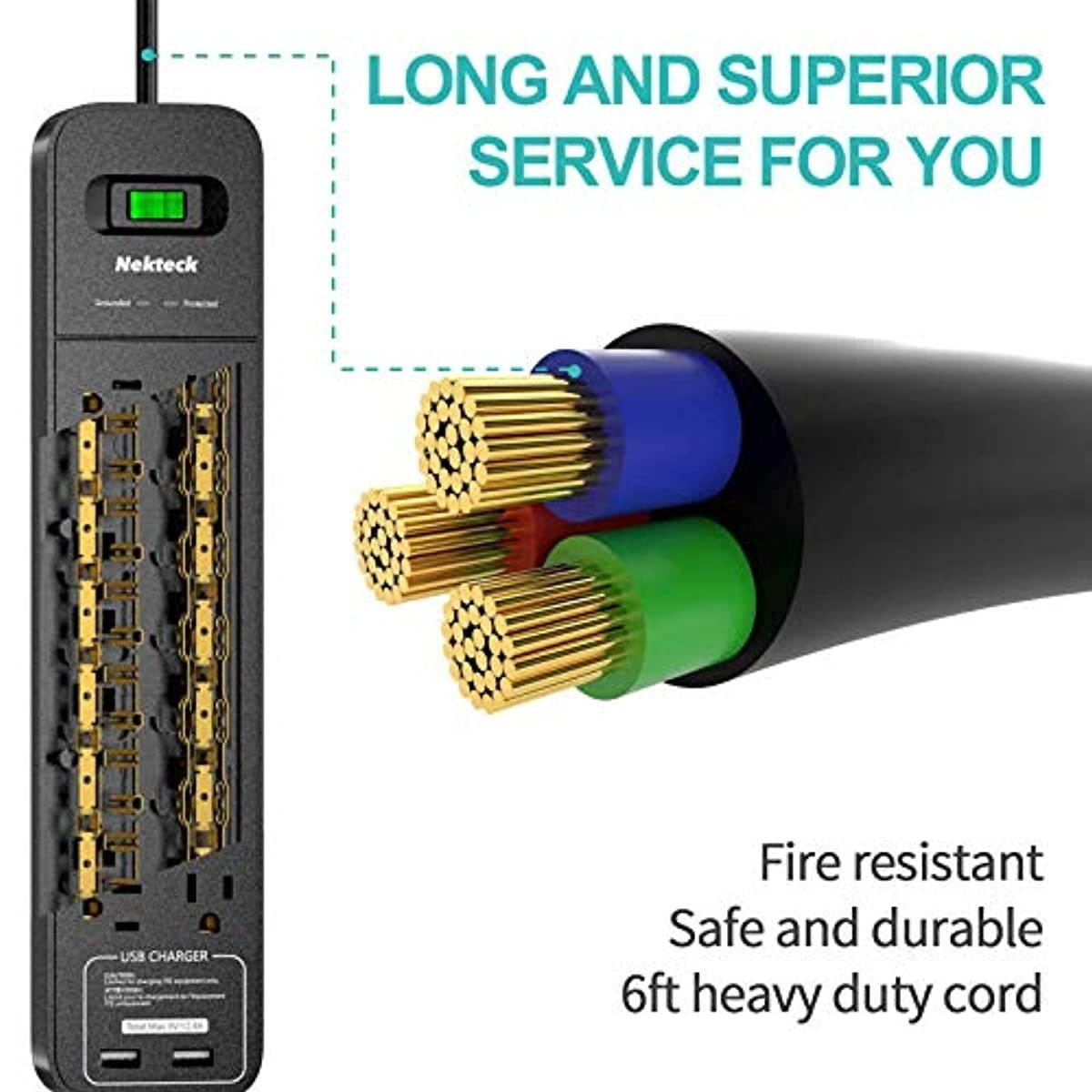 Power Strip Surge Protector, Nekteck Power Strip with 2 USB Port and 12 AC Outlet, 6ft Heavy Duty Extension Cord Wall Mount Charging Station for Home Outdoor Office (2390-Joule, 5V/2.4A)