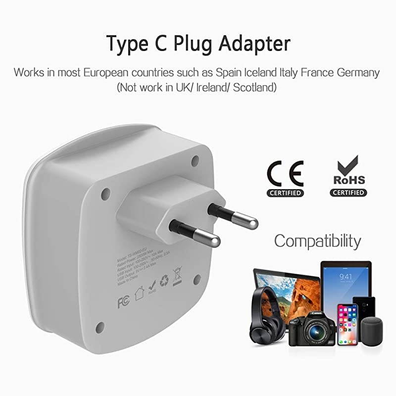 European Travel Plug Adapter  International Power Adaptor with 2 USB 2 American Outlets Europe Charger Adapter for US to EU Italy Spain France Germany Iceland Greece Israel Type C