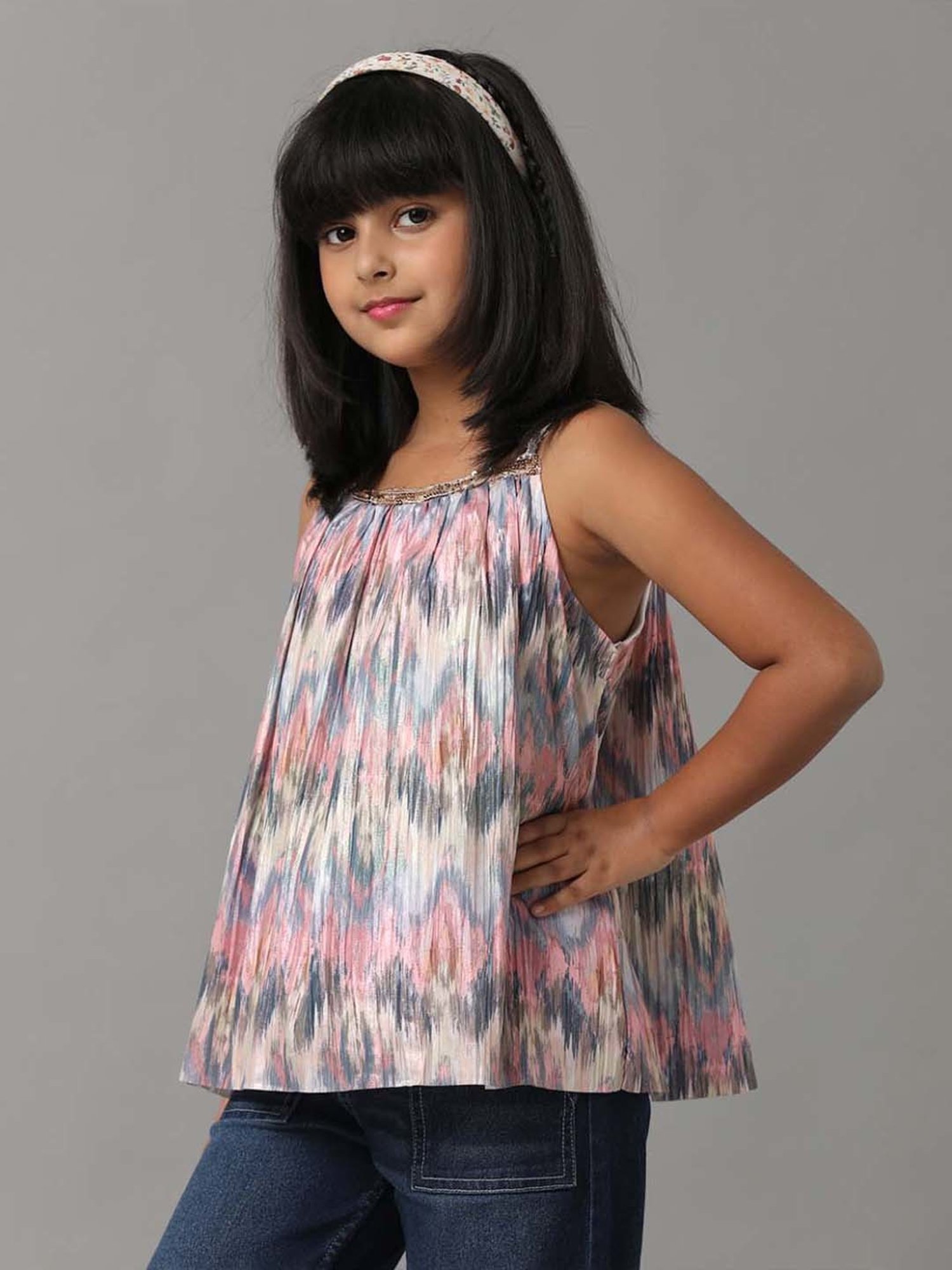 Under Fourteen Only Kids Pink & Grey Printed Top