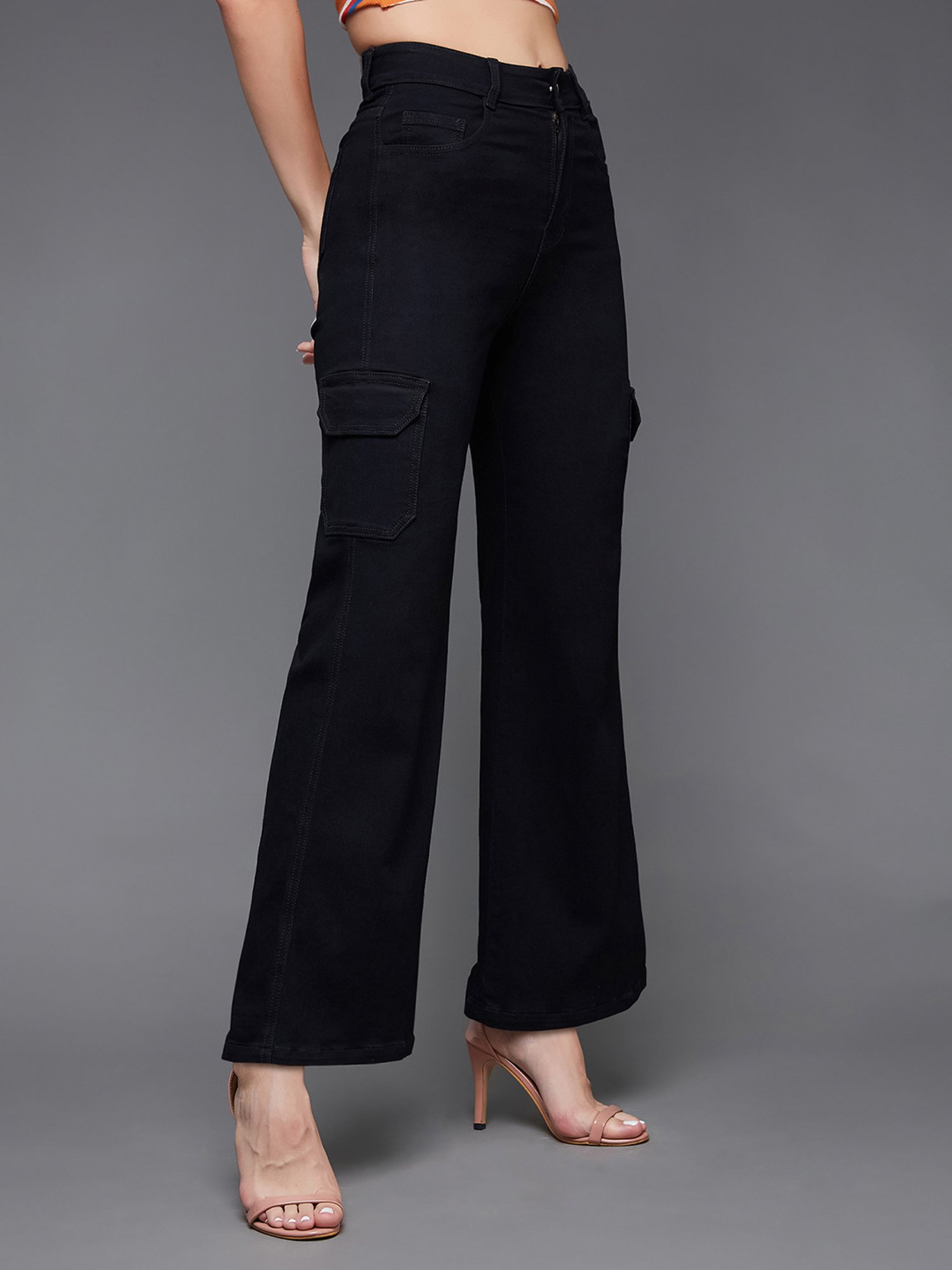 DOLCE CRUDO Black Denim Relaxed Fit High Rise Cargo Jeans