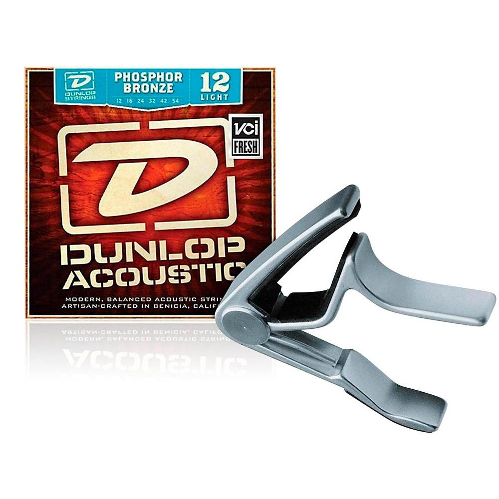 Dunlop Trigger Curved Nickel Capo and Phosphor Bronze Light Acoustic Guitar Strings