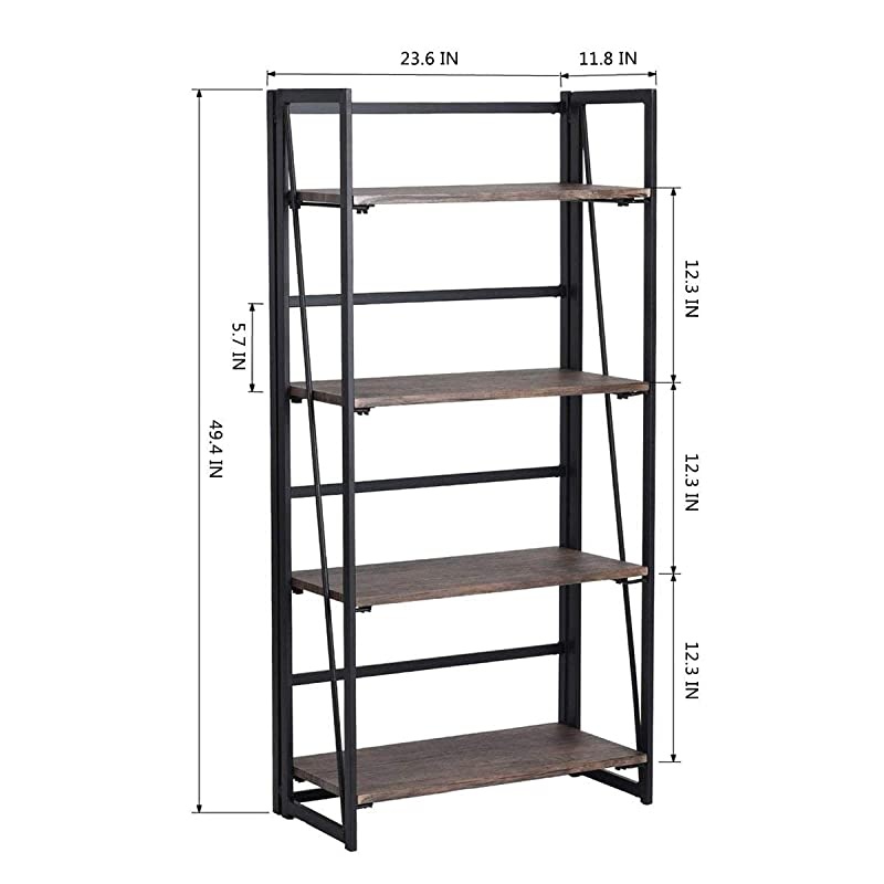 Folding Bookshelf Home Office Industrial Bookcase No Assembly Storage Shelves Vintage 4 Tiers Flower Stand Rustic Metal Book Rack Organizer 236 X 118 X 494 Inches