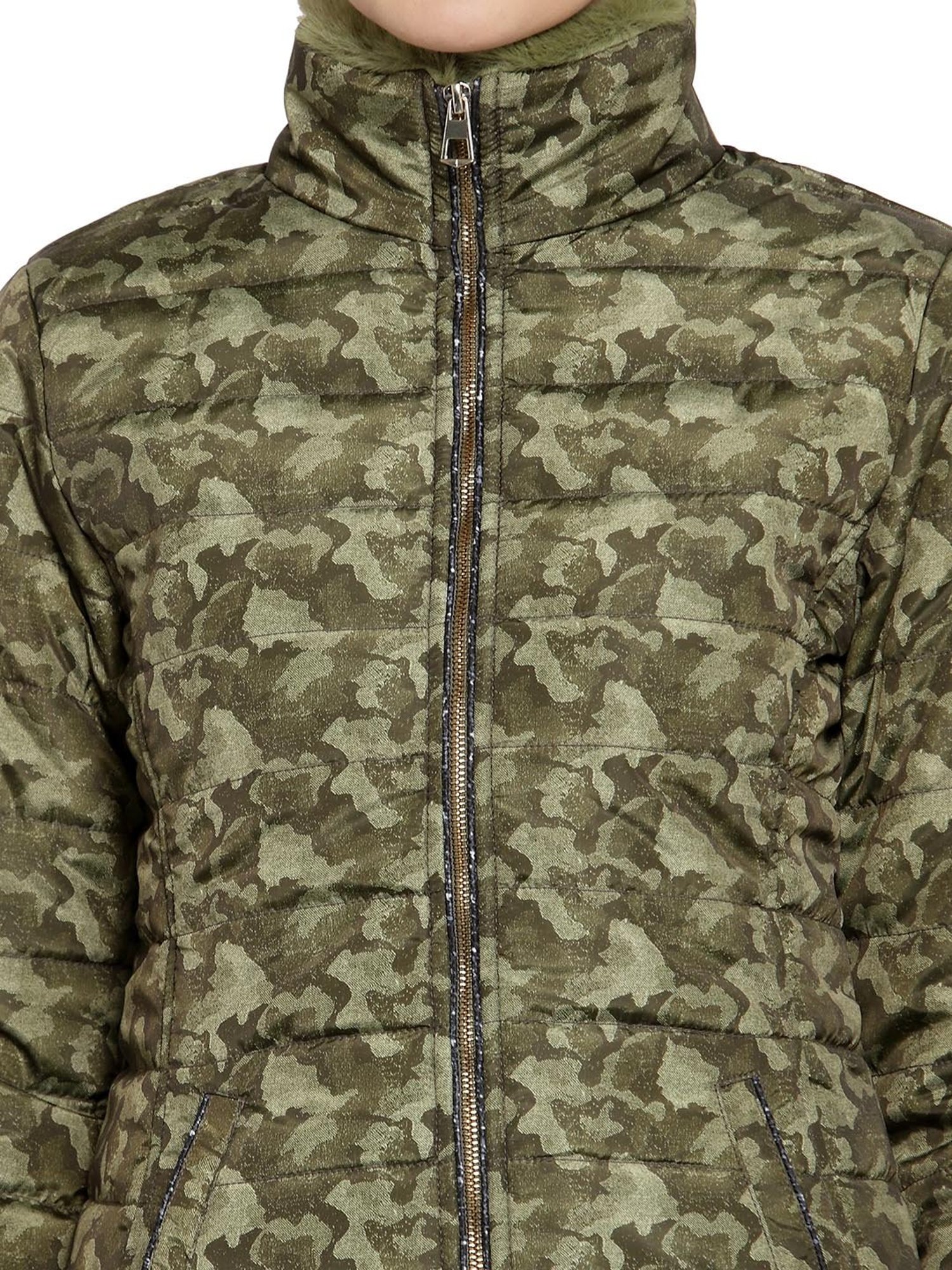 Juelle Olive Printed Full Sleeves Puffer Jacket