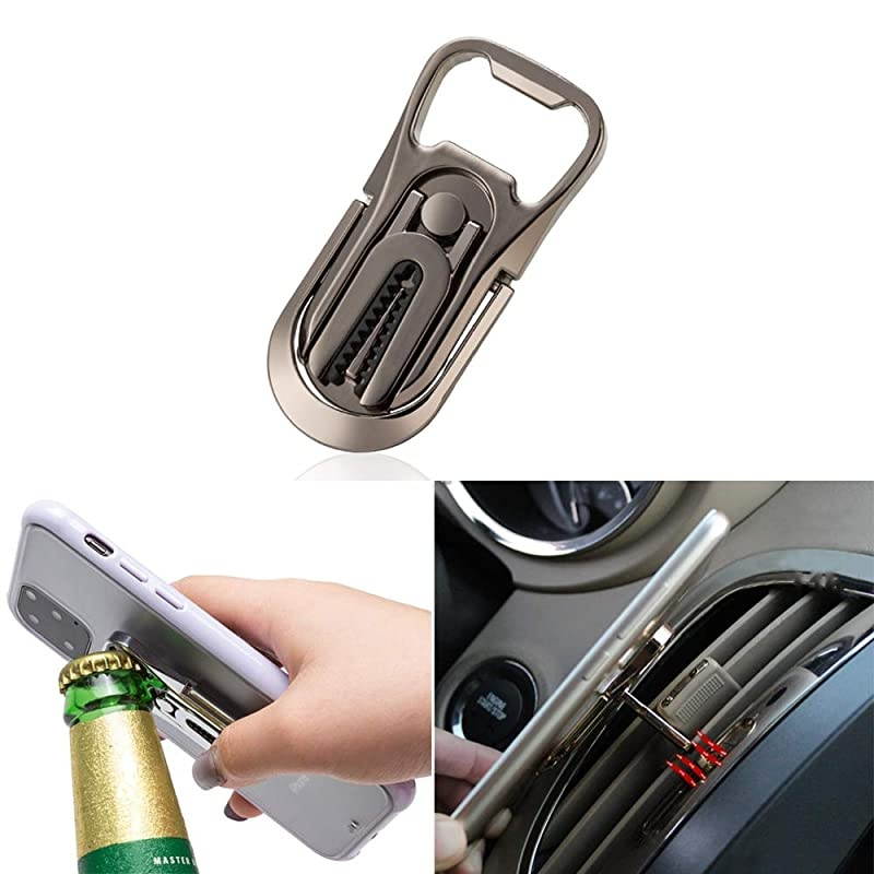 Cell Phone Ring Stand 4 in 1 Desk Mobile Phone Holder Universal Air Vent Car 360 Degree Rotation Metal Ring Grip Beer Corkscrew Black