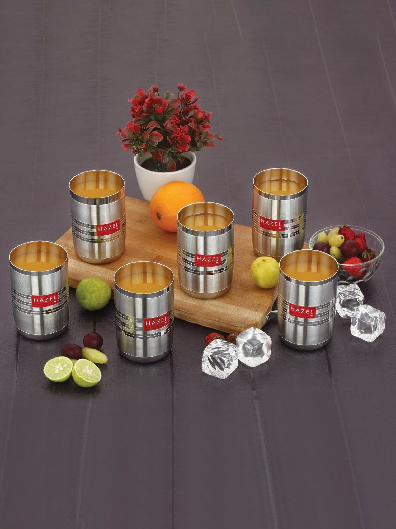 HAZEL Silver Stainless Steel Drinking Water Glasses - Set of 6 (350ml)