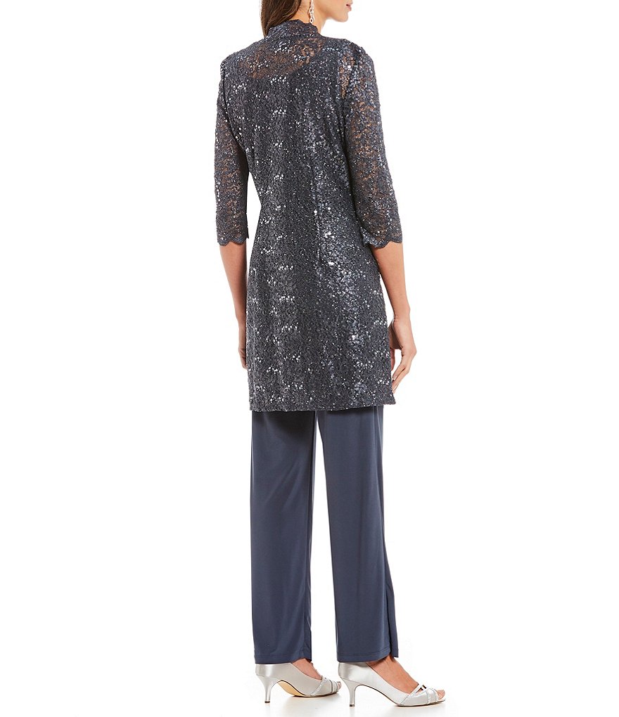 R & M Richards 3-Piece Sequin Glitter Scallop Lace Duster Pant Set