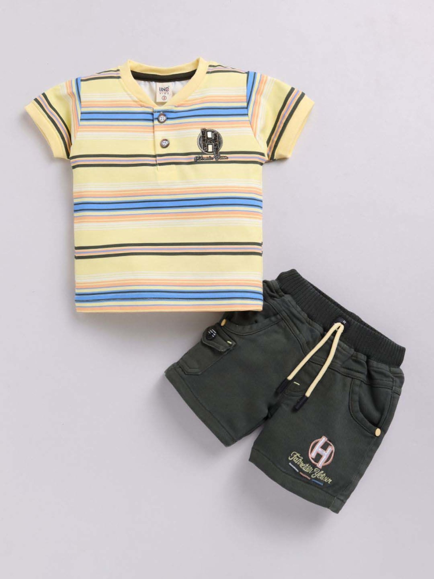 UNO KIDS Boys Yellow & Green Striped Top & Short sets