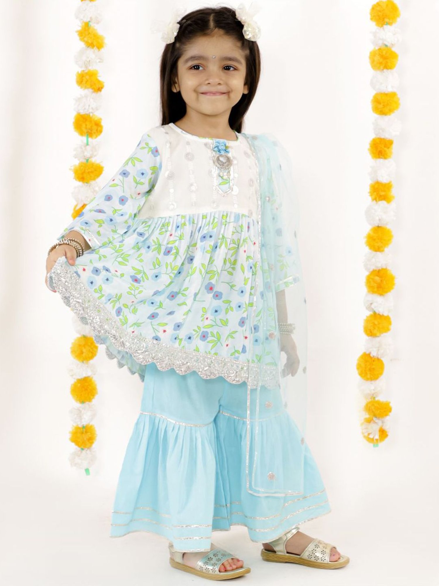Little Bansi Kids Blue & White Floral Print Suit Set