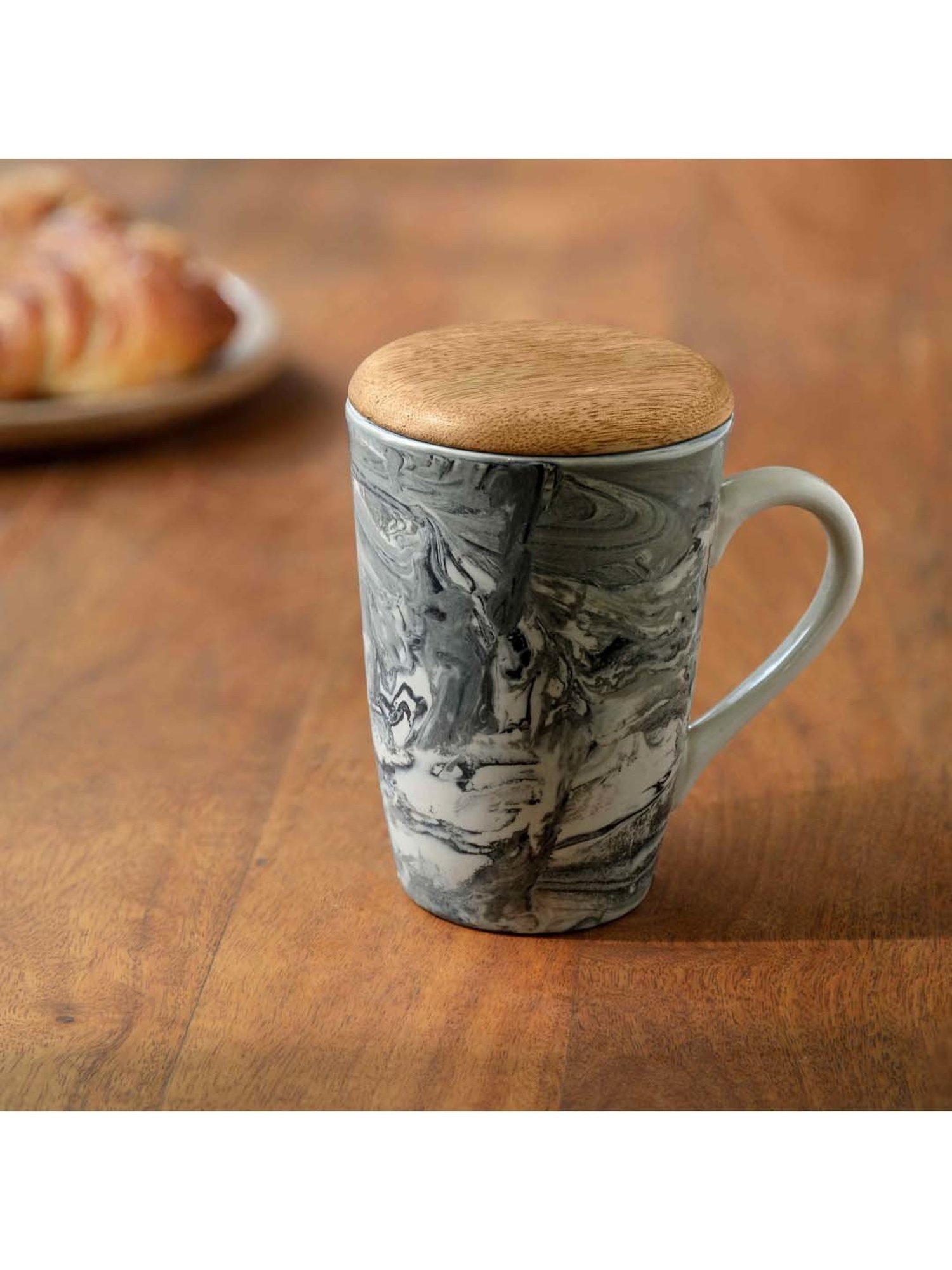 Ellementry Coral Black Ceramic Tall Coffee Mug With Wooden Lid (0.35 L) - Set of 1