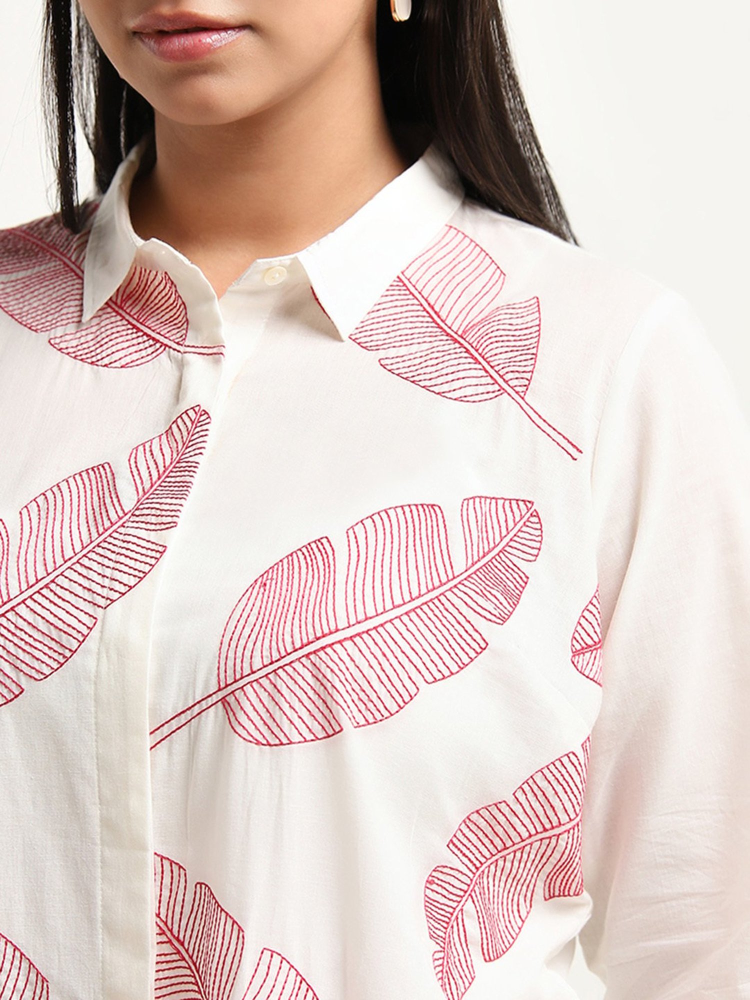 Diza by Westside Red Leaf Embroidered High-Low Cotton Tunic