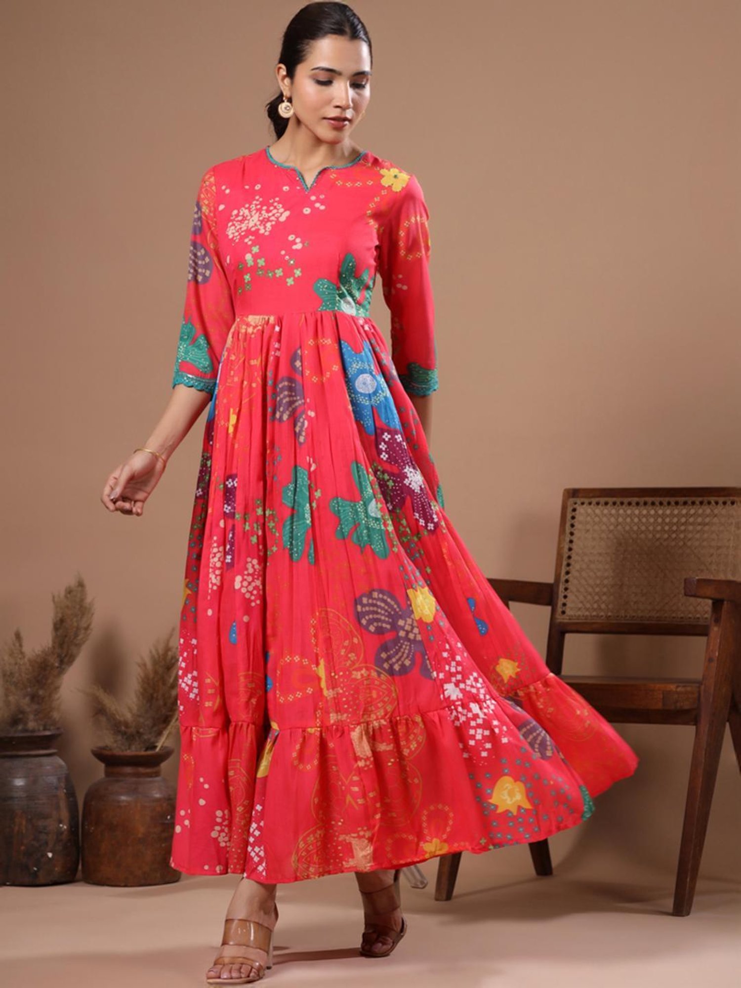 Fashor Pink Cotton Printed Maxi Dress