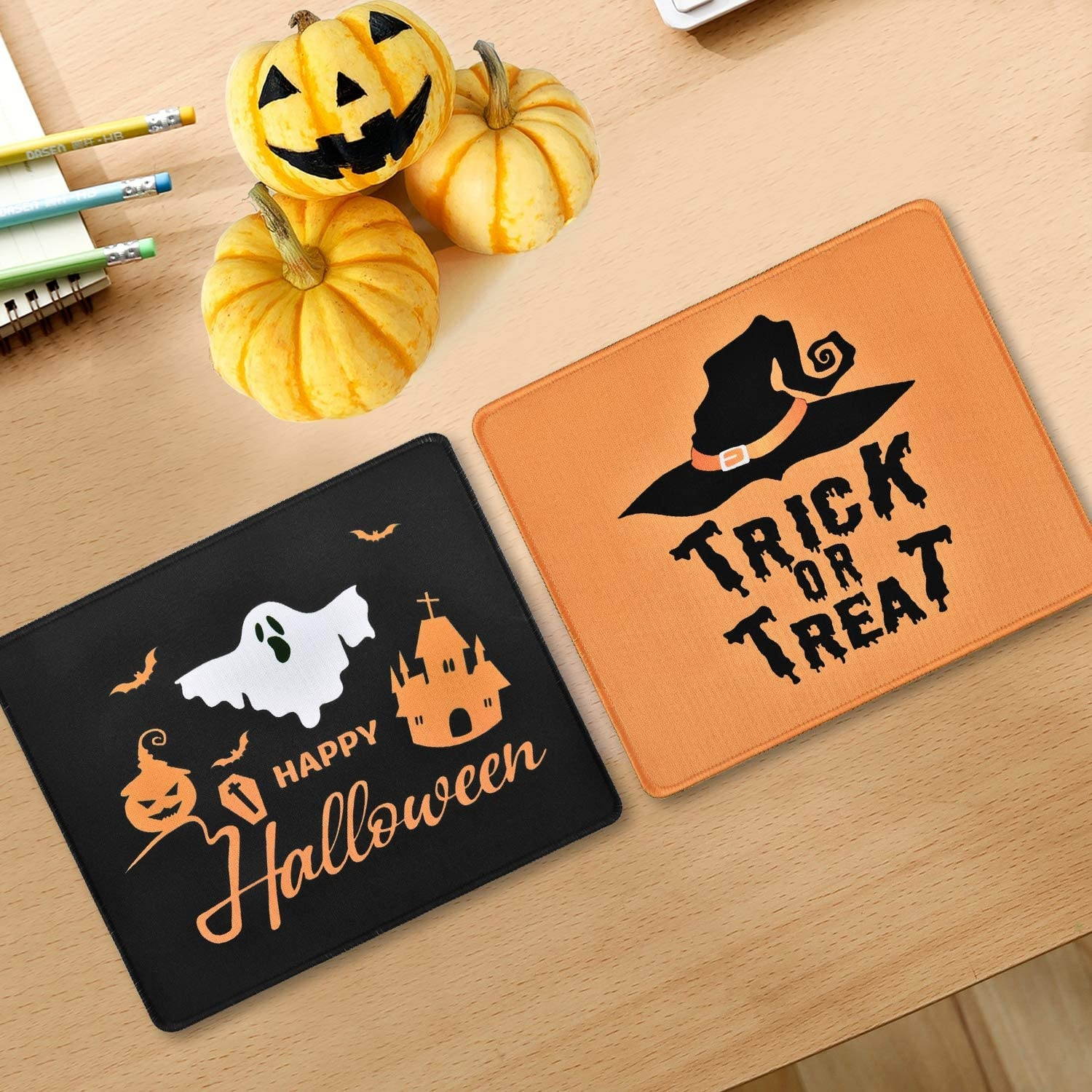 2 Pack Happy Halloween Mouse Pad Trick or Treat Mouse Pad Non-Slip Rubber Gaming Mouse Mat with Stitched Edges for Computer Laptop, 9.5 x 7.9 x 0.1 Inch