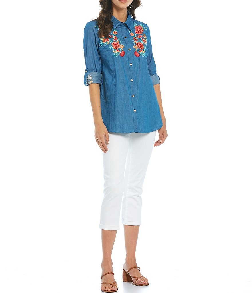 Calessa Embroidered Contrast Back Button Front Poplin Tunic