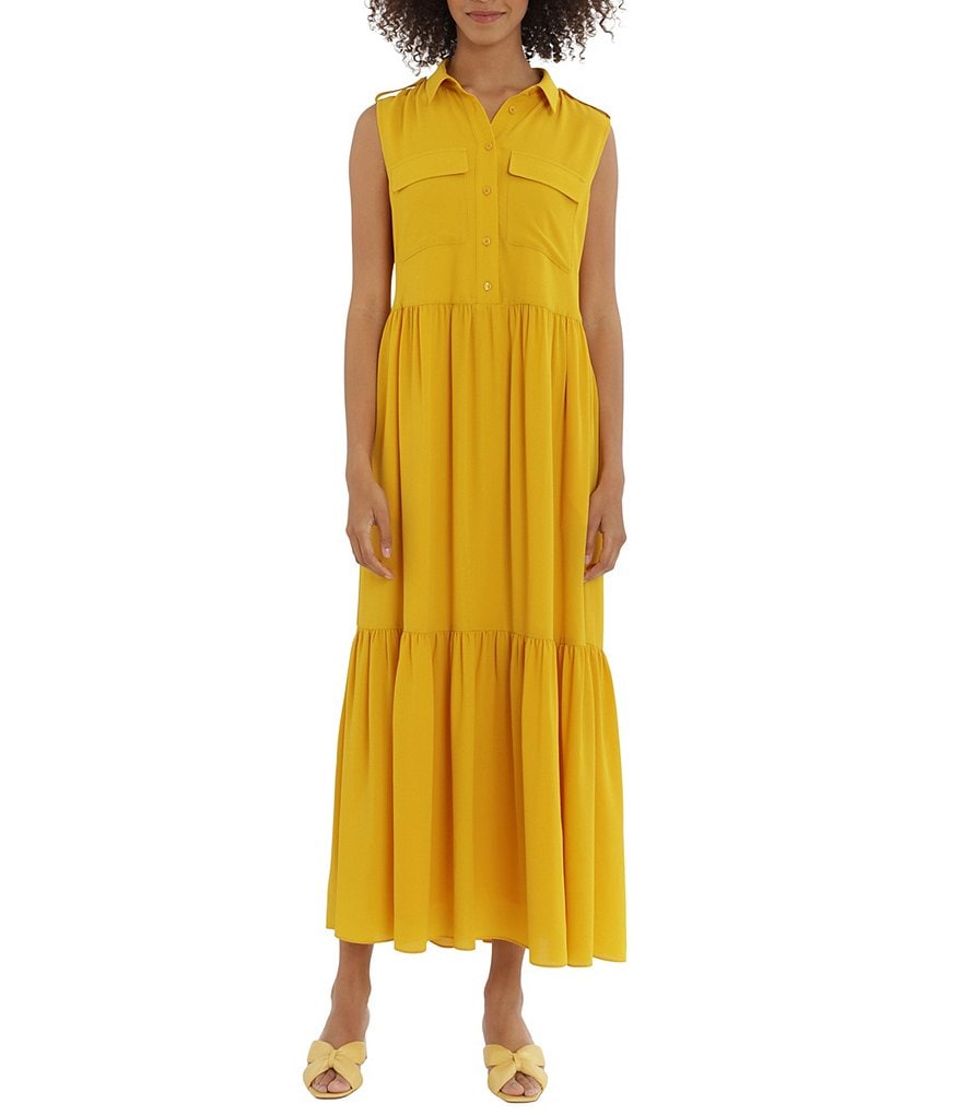 Maggy London Point Collar Sleeveless Maxi Button Front Shirt Dress