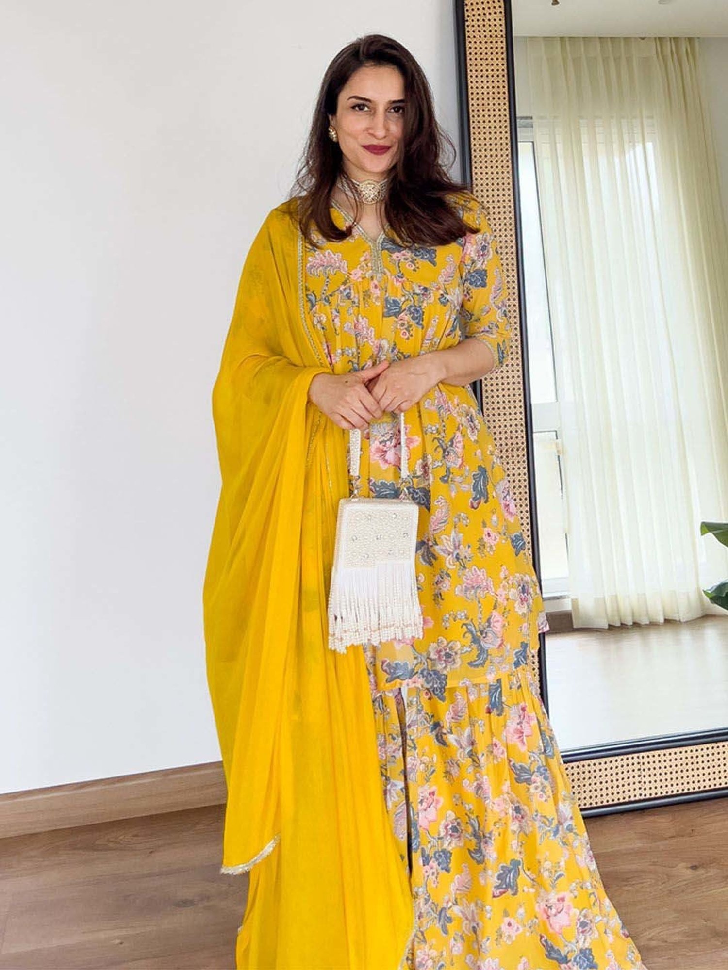 Janasya Yellow Floral Print Kurta & Sharara Set With Dupatta