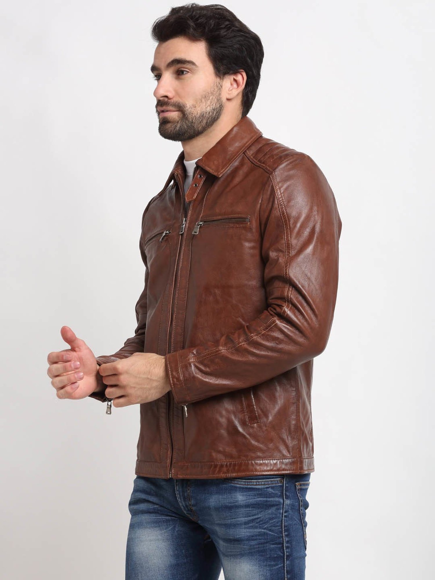 Teakwood Leathers Brown Shirt Collar Leather Jacket