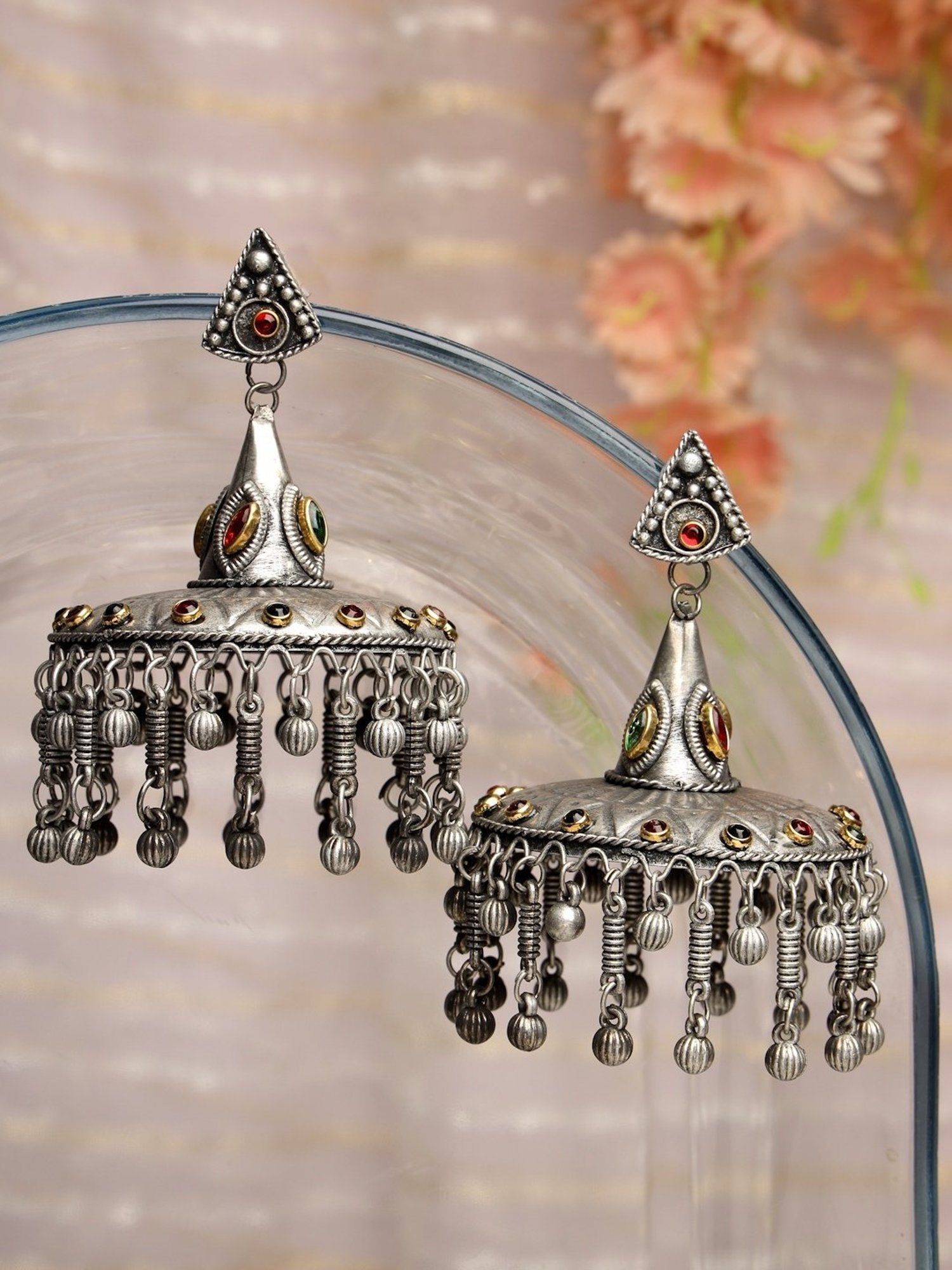 Moedbuille Crystal Studded Antique Tassel Design Silver-Plated Dual Tone Tribal Jhumki Earrings