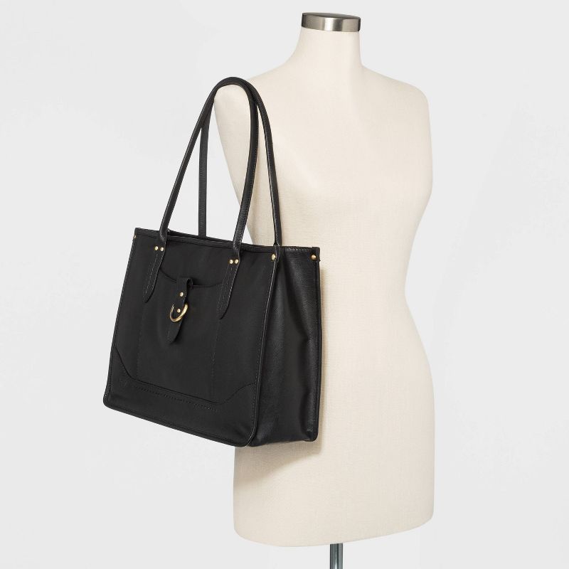 Bolo Snap Closure Leather Tote Handbag - Black