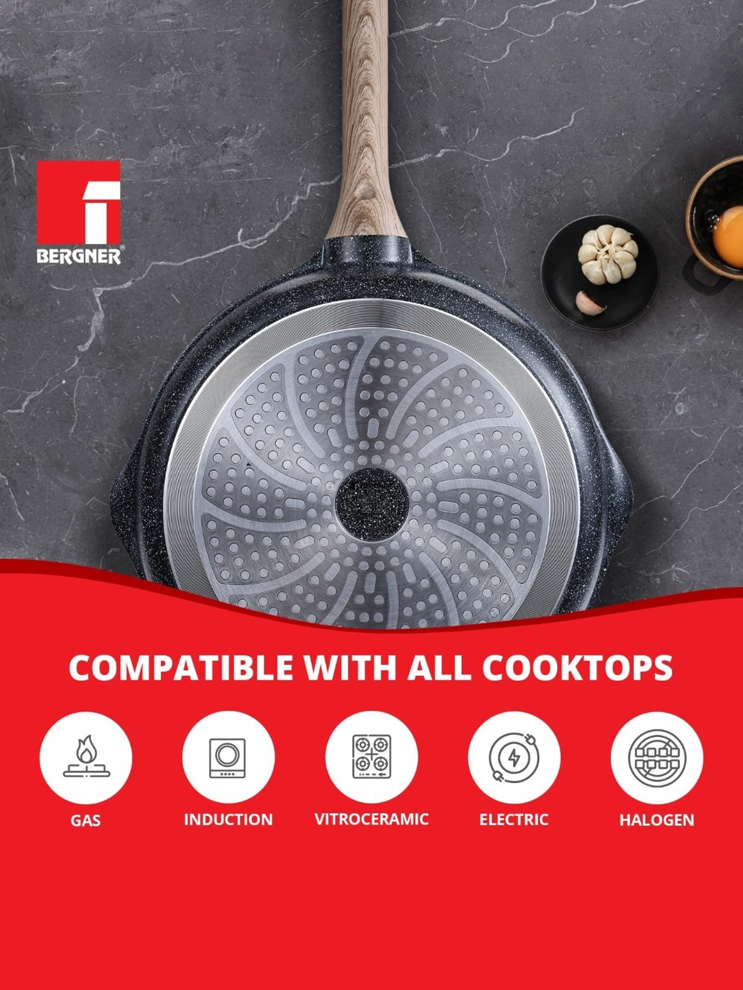 Bergner Grey Non-Stick Marble Induction Base Deep Frypan with Lid - 28cm (3.2L)