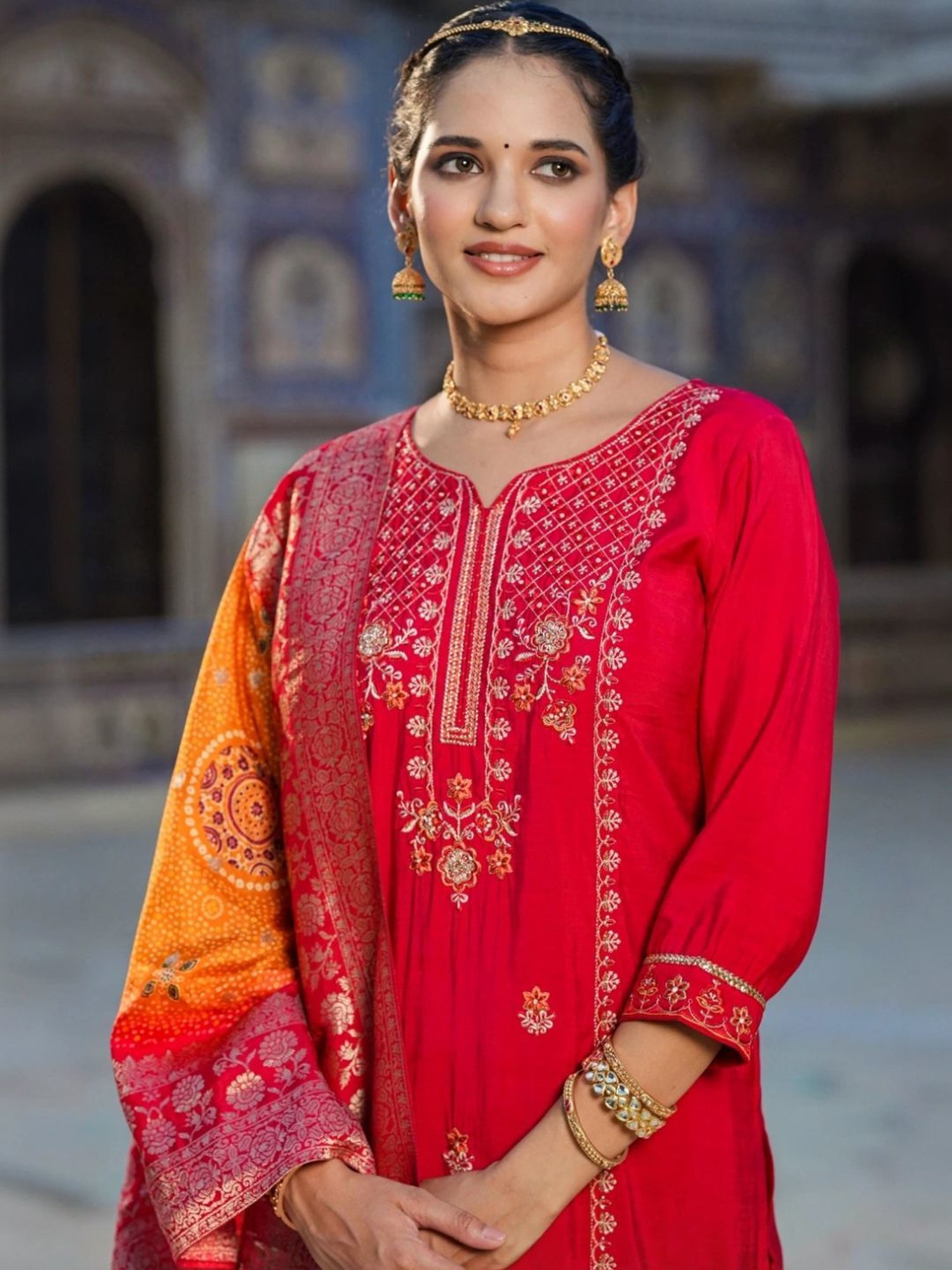 Scakhi Red Viscose Silk Embroidered Suit Set Kurta With Pant And Jacquard Dupatta