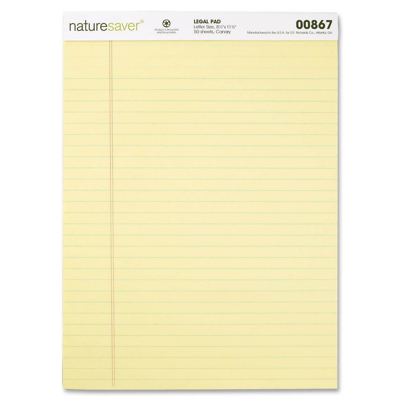 Nature Saver Recycled Pad Wide Ruled 8-1/2"x11-3/4" 50 Sheets Canary 00867