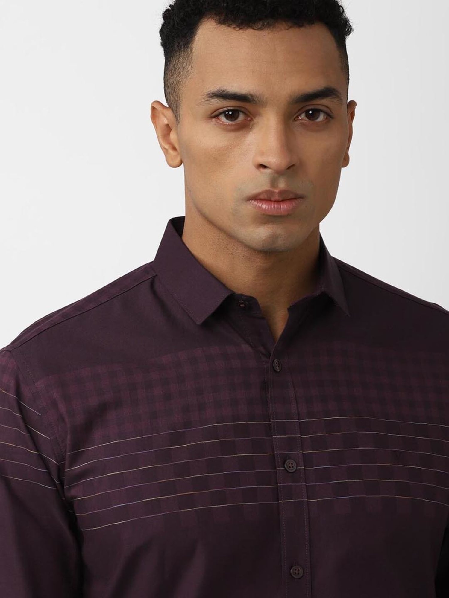 V Dot Maroon Cotton Slim Fit Checks Shirt