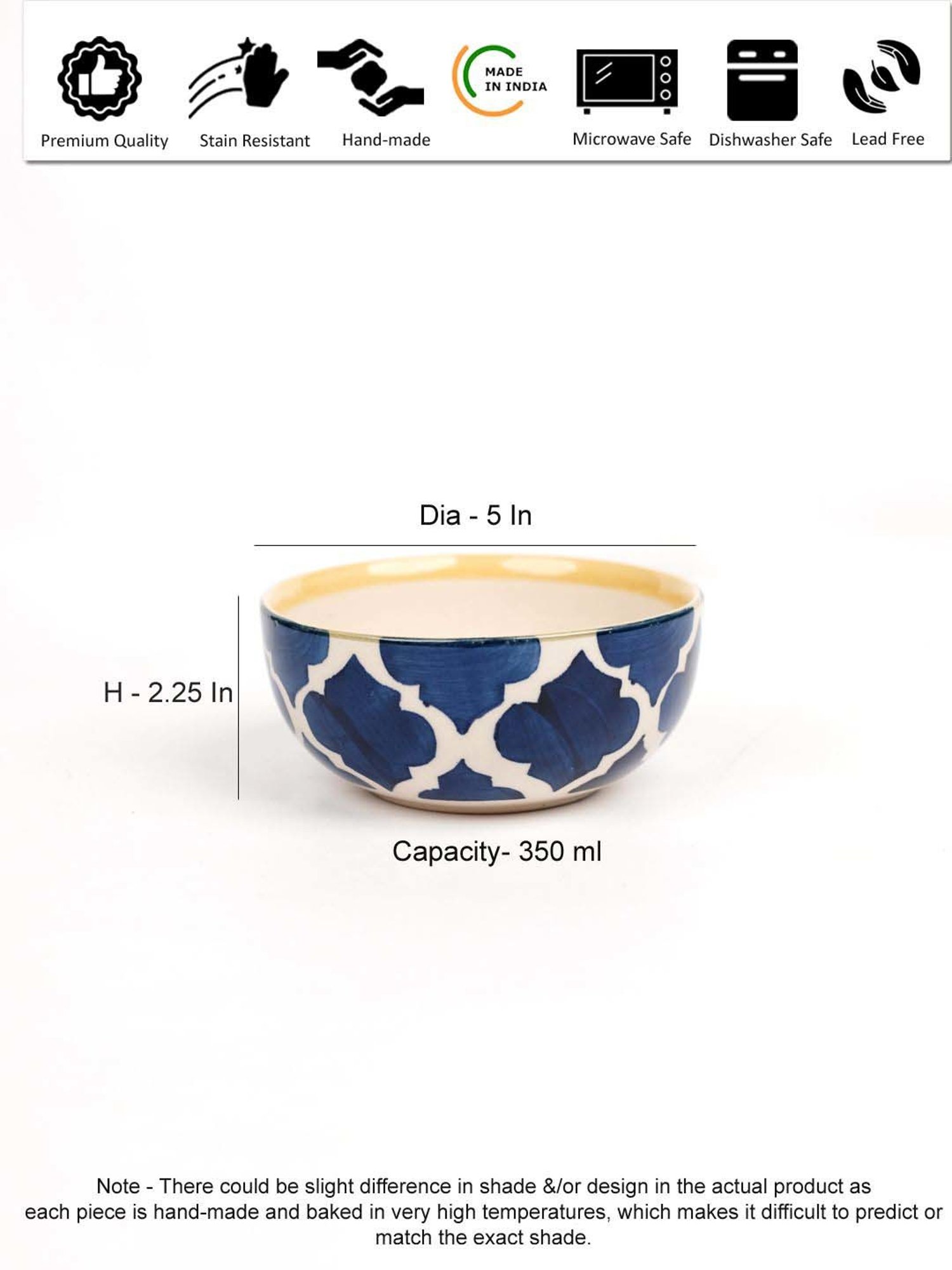 VarEesha Blue Ceramic Five Inch Mixing And Serving Bowl (0.35 L) - Set of 4