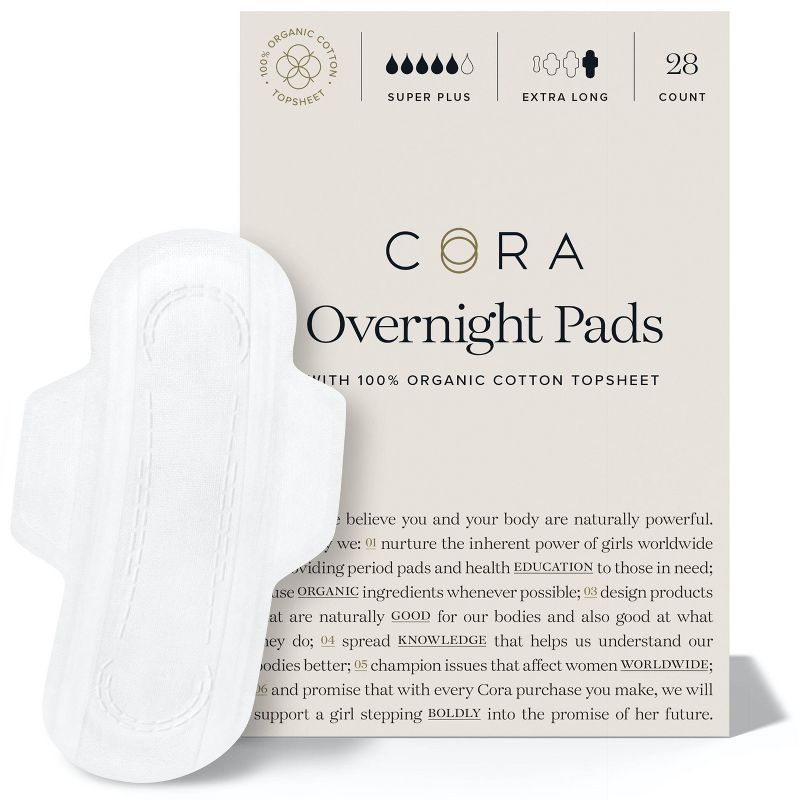 Cora Organic Cotton Super Absorbency Overnight Pads for Periods - 28ct