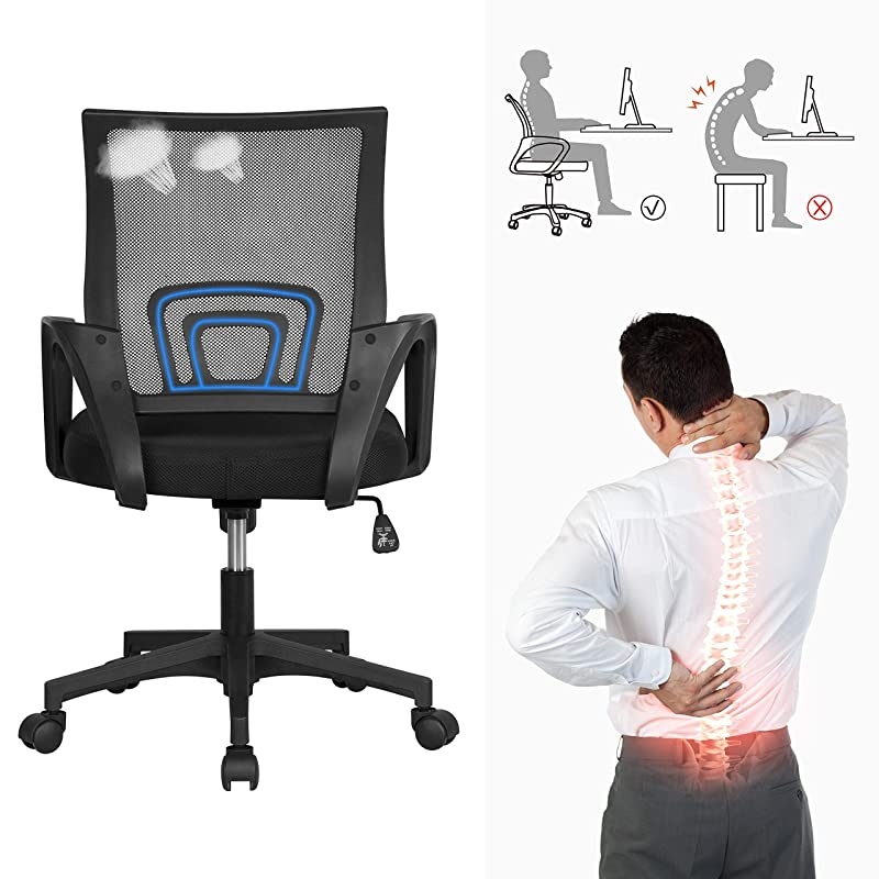 Office Chair Ergonomic Computer Chair Mid Back Mesh Desk Chair Lumbar Support Modern Executive Adjustable Stool Rolling Swivel Chair Black