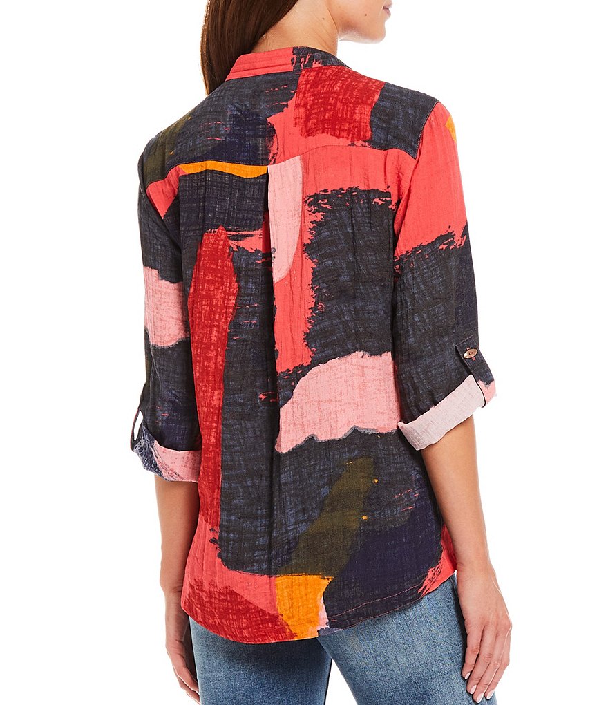 John Mark Abstract Brushstroke Print 3/4 Roll Tab Sleeve Banded Collar Tunic