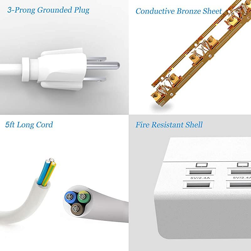 USB Charger  8 Ports Charging Station 50W10A Multi Port USB Charging Hub for Multiple Devices 5ft Cord White