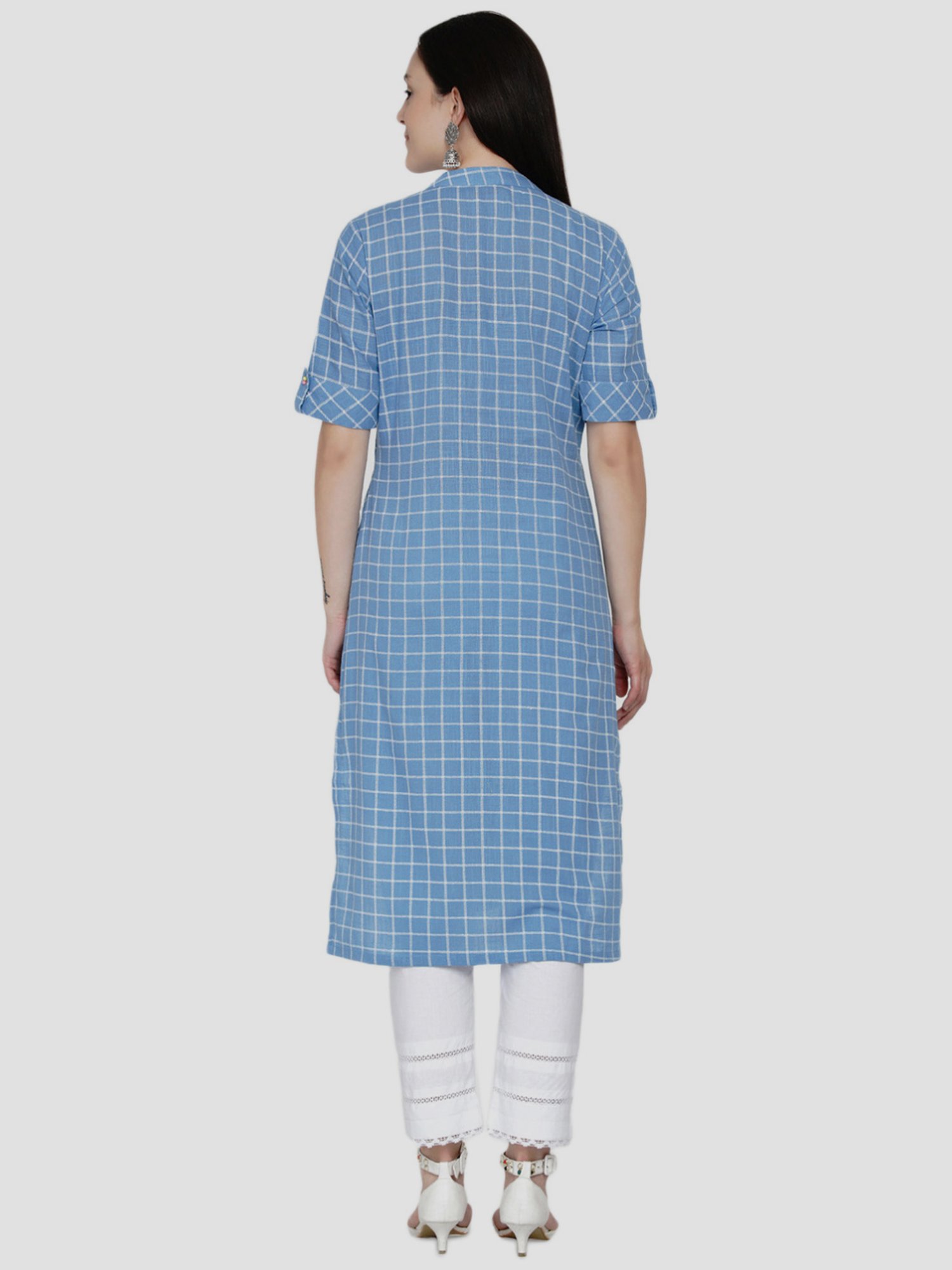 Women Republic Blue & White Cotton Chequered Kurta Pant Set